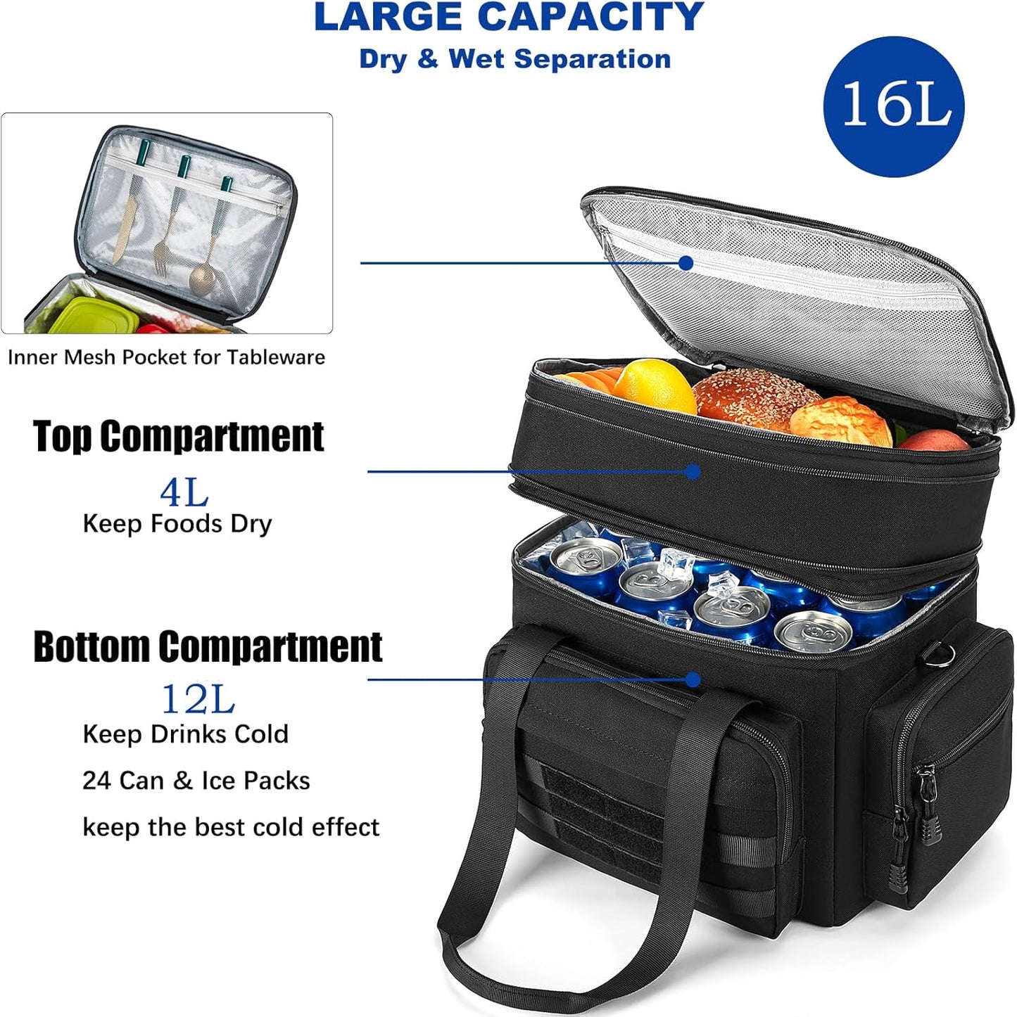 Tactical Lunch Bag for Men, Large Leakproof Insulated Lunch Box, Lunch Cooler Bag with Shoulder Strap, Lunch Pail for Adults Work Outdoor Picnic Trips, Black Camo