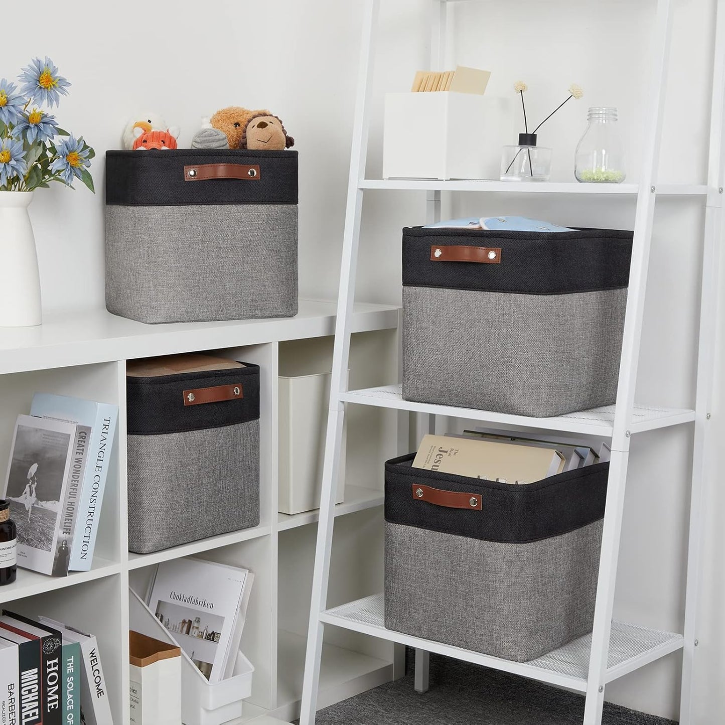 DULLEMELO Storage Baskets for Shelves, Fabric Collapsible Rectangular Storage Bins for Shelves, Closets, Nursery, Home, Office, Empty Gift Baskets (White&Teal)