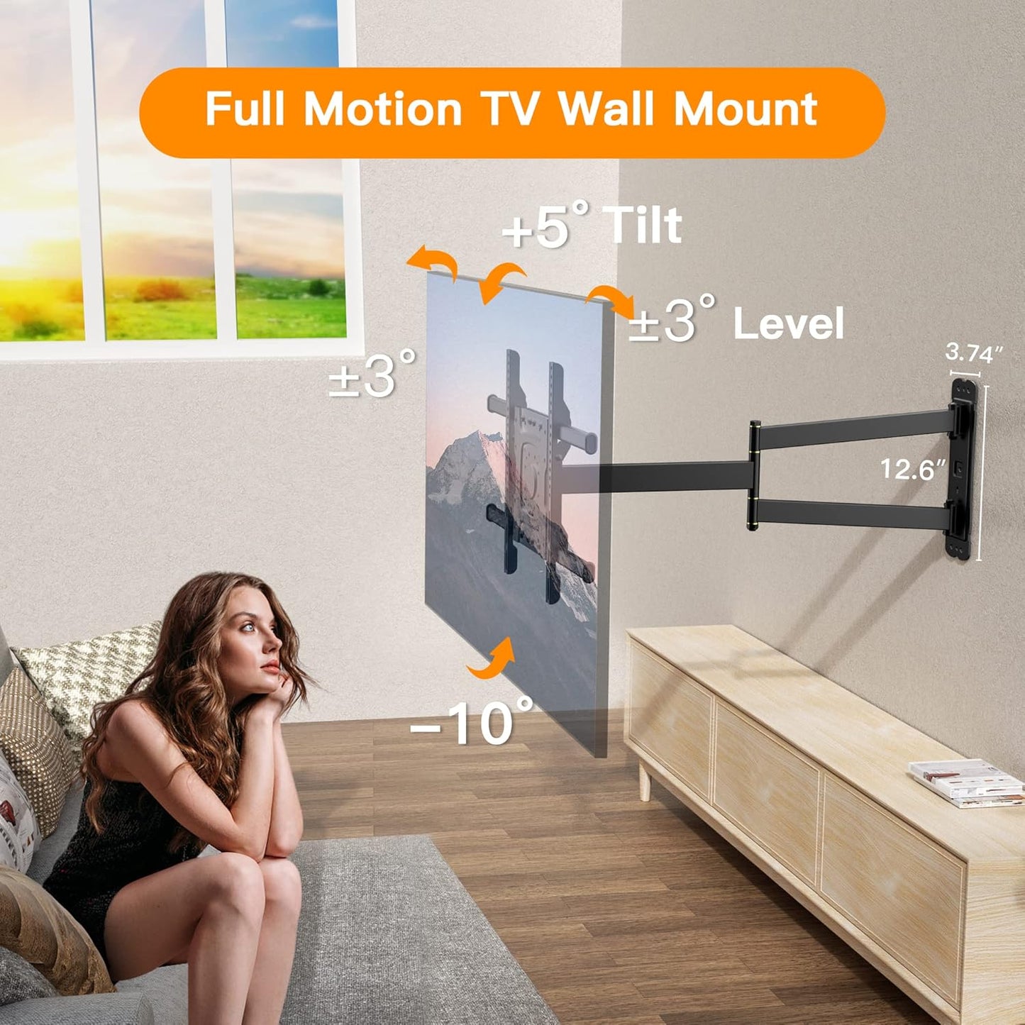 Corner TV Mount,Long Arm TV Wall Mount with 33inch Extension,Full Motion TV Wall Mount Swivel and Tilt Heavy Duty,90 Degree TV Mount,Fit 32-70''TV, Single Stud,Load 88lbs,Max VESA 600x400mm by WHYFONE