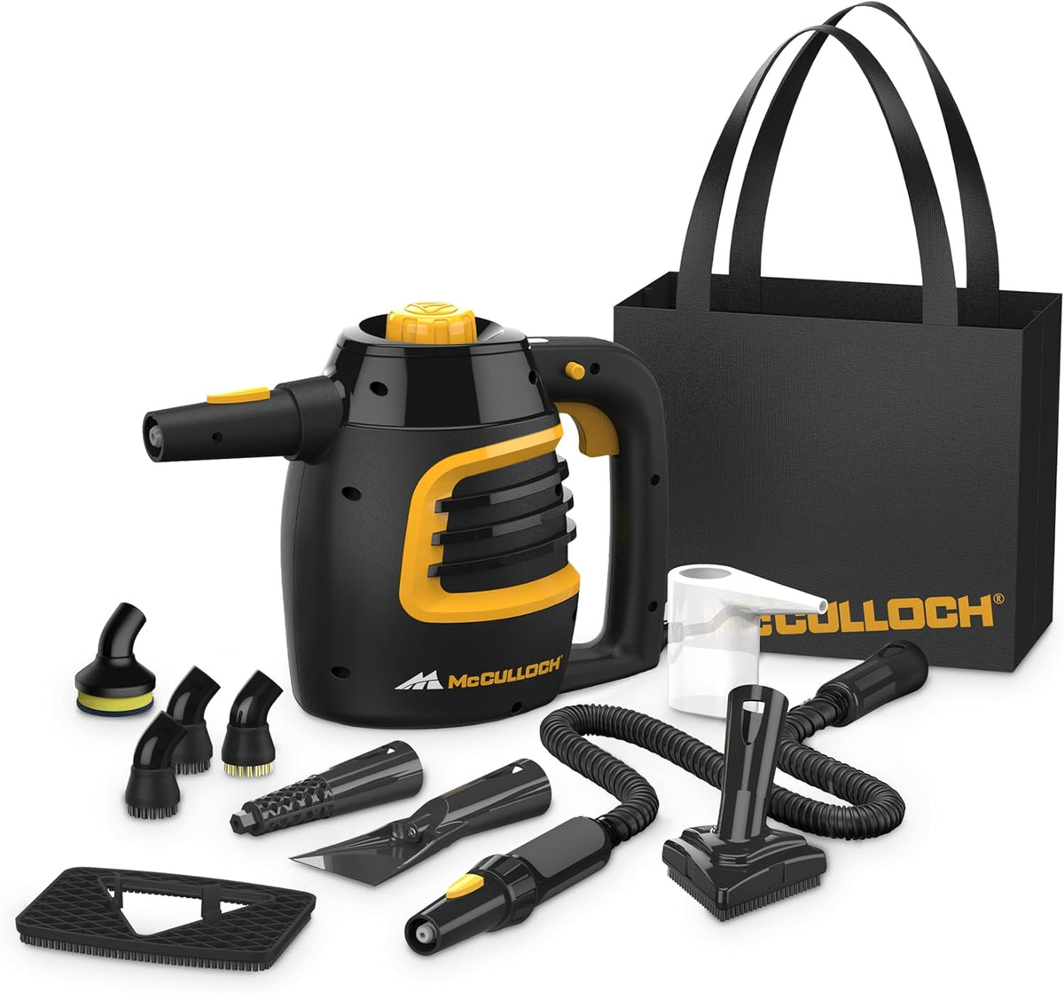McCulloch MC1375 Canister Steam Cleaner with 20 Accessories, Extra-Long Power Cord, Chemical-Free Cleaning for Most Floors, Counters, Appliances, Windows, Autos, and More, 1-(Pack), Black