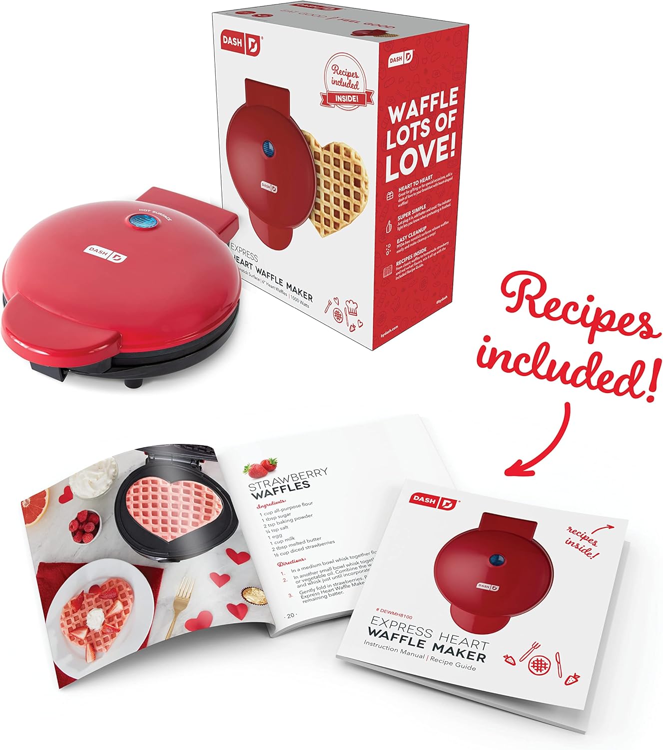Dash Express 8” Waffle Maker for Waffles, Paninis, Hash Browns + other Breakfast, Lunch, or Snacks, with Easy Clean, Dual Non-Stick Surfaces - Red Heart