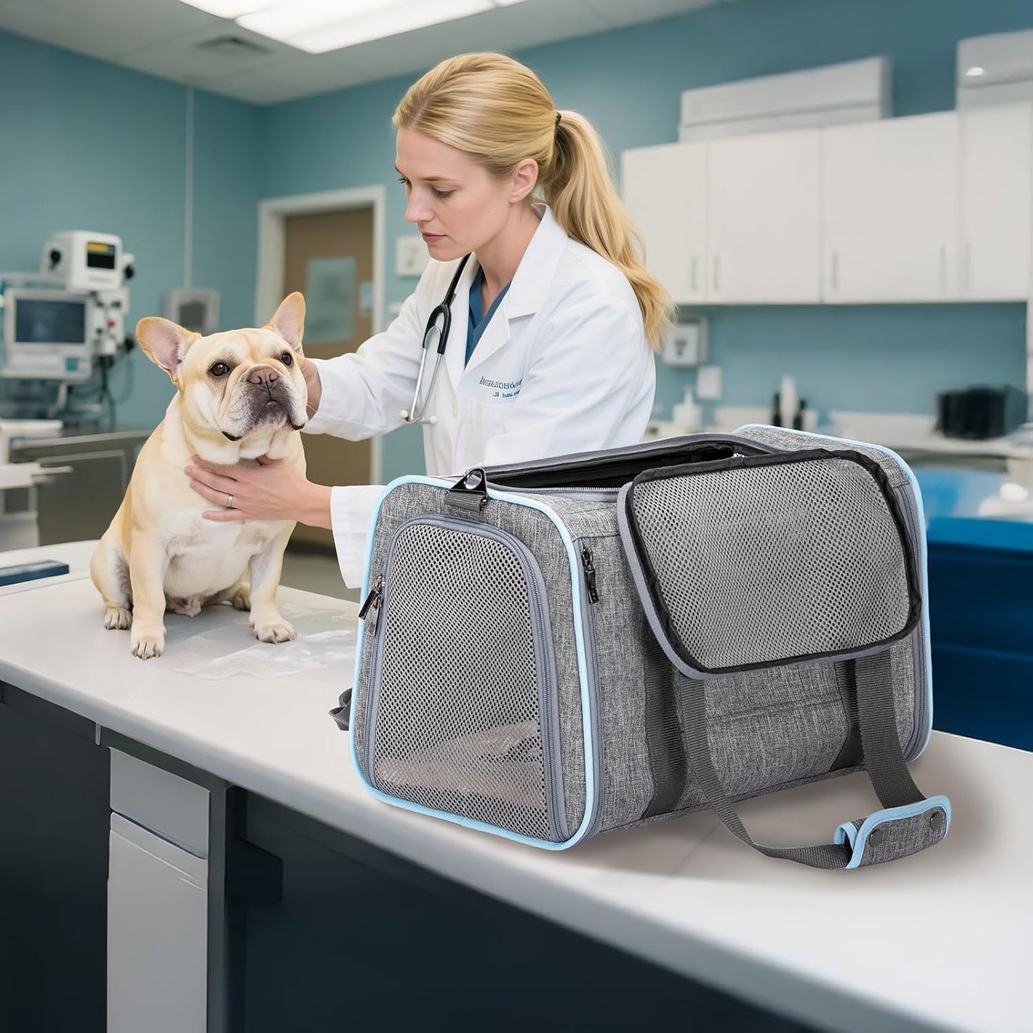 Petsfit Expandable Cat Dog Carrier Airline Approved, 17" L x 11" W x 11" H Soft-Sided Portable Pet Travel Carrier for Kitten, Puppy, Removable Soft Plush Mat and Pockets, Auto-Locking Zippers