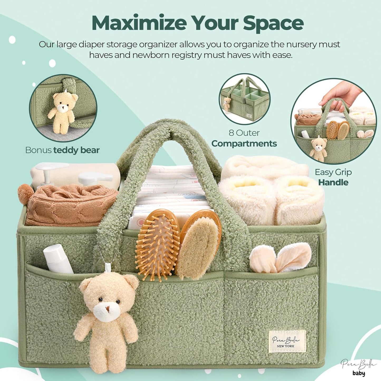 PeraBella Baby Diaper Caddy Organizer, Baby Organizers and Storage for Changing Table, Babies Shower Gift Basket for Boy &Girl, Nursery Essentials Car Caddy Organizer with Handle, White Diaper Basket