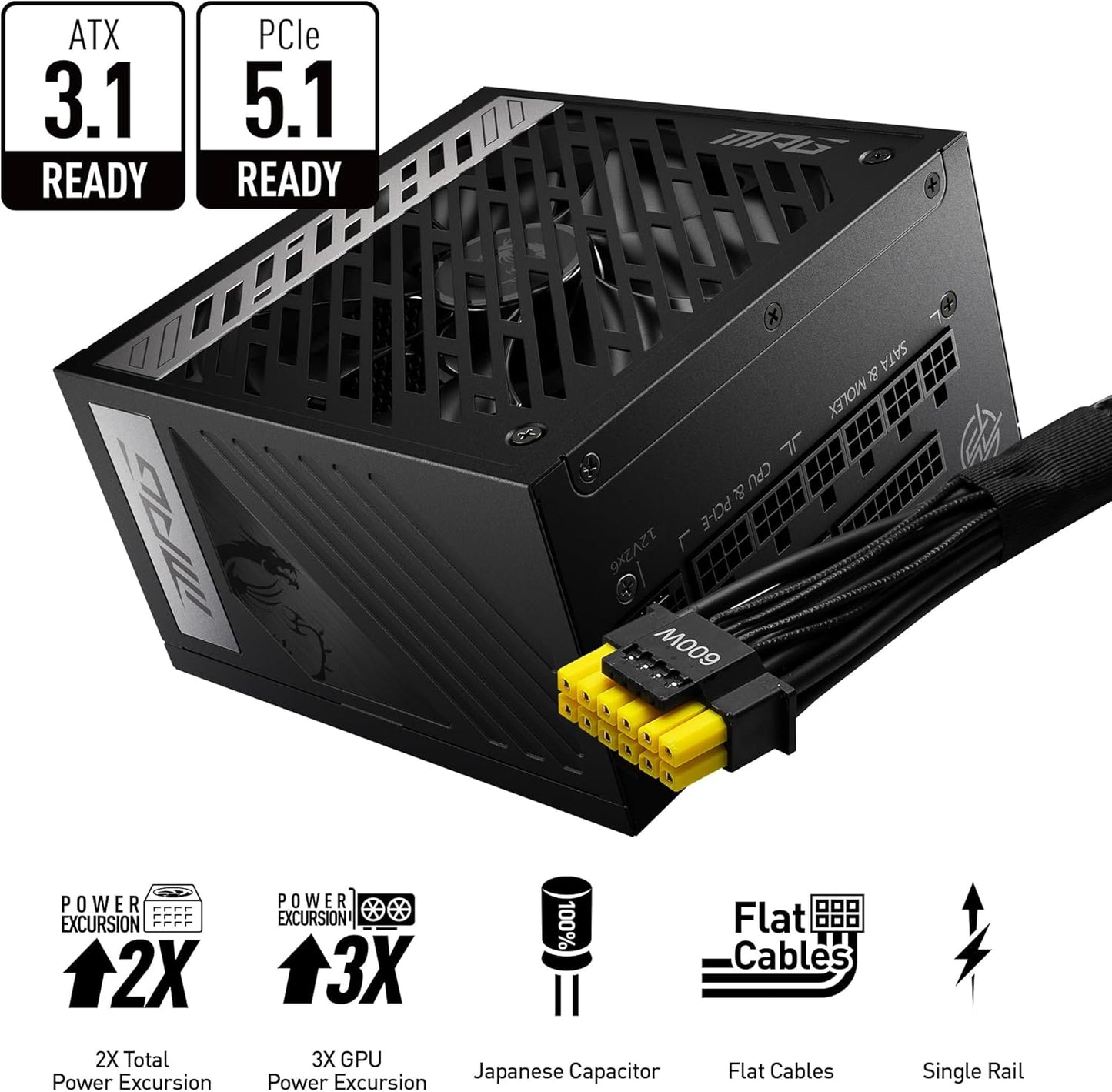 MSI MPG A1250GS PCIE5, 80 Plus Gold Full Modular 1250W Power Supply, 12V-2x6 Cable, ATX 3.1 & PCIE 5.1 Ready