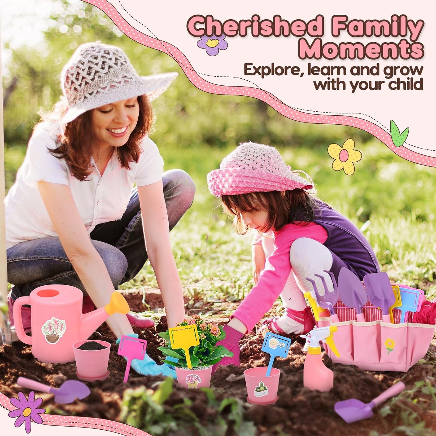 CUTE STONE Pink Kids Gardening Tool Set, Garden Toys W/ Shovel, Rake, Trowel, Apron W/Pockets, Garden Tote Bag, Watering Can, DIY Stickers, Outdoor Backyard Digging Gift Toys for Boys Girls