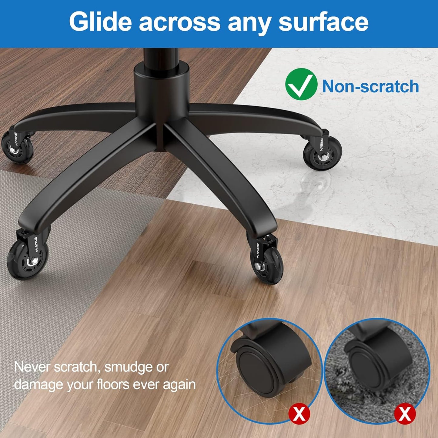 NATRKE Office Chair Wheel Replacement, 11×22 Office Chair Casters, 3" Rubber Caster Wheels for Swivel Chair for All Floors Hardwood Carpet, 5 Pack (Clear)