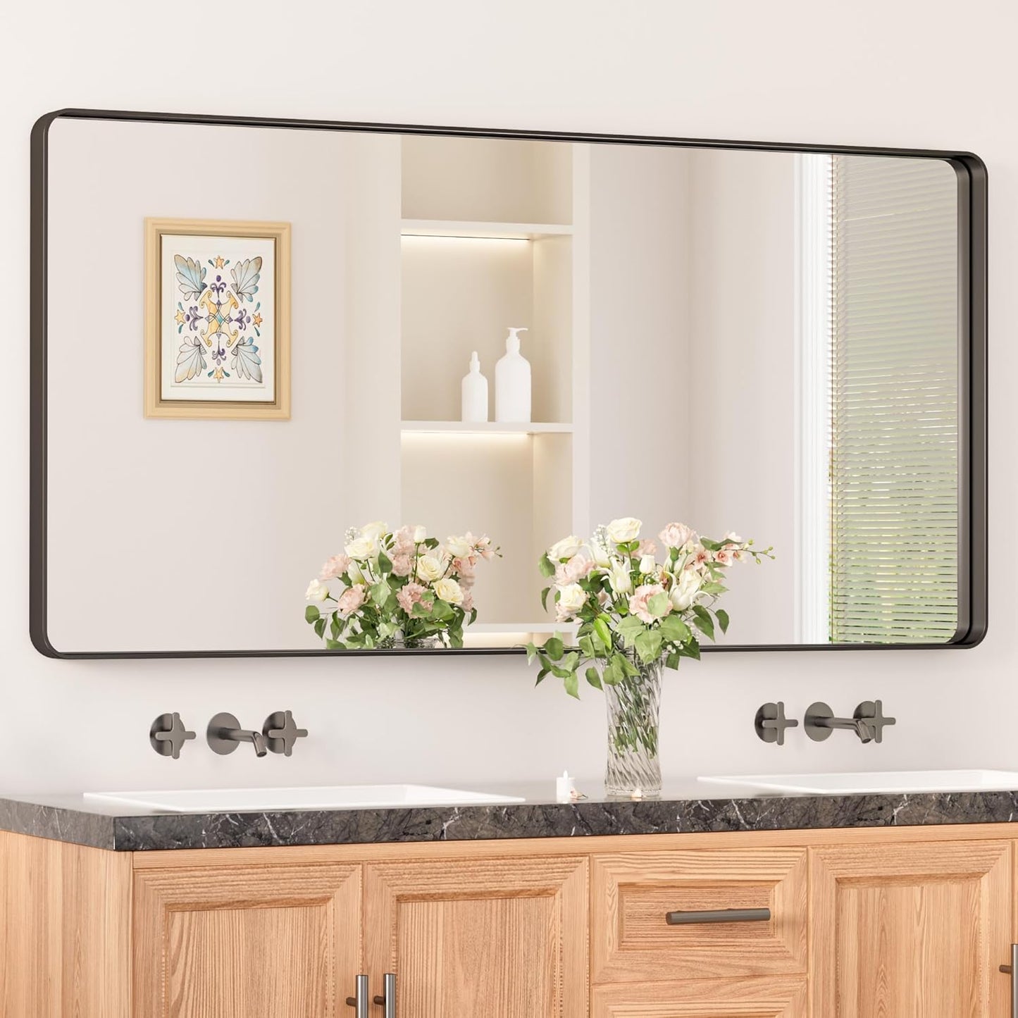 Keonjinn 42 x 36 Brushed Nickel Bathroom Vanity Mirror, Large Rounded Rectangle Bathroom Mirrors for over Sink, Metal Framed Silver Mirror for Wall, Shatterproof HD Tempered Glass(Horizontal/Vertical)
