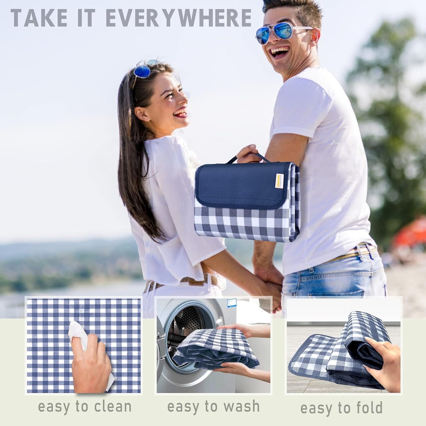 SAMSIER Large Outdoor Picnic Blankets Waterproof Foldable, Beach Blanket Sandproof Portable, Cute Picnic Mat Washable (Navy Blue, 60"×80")