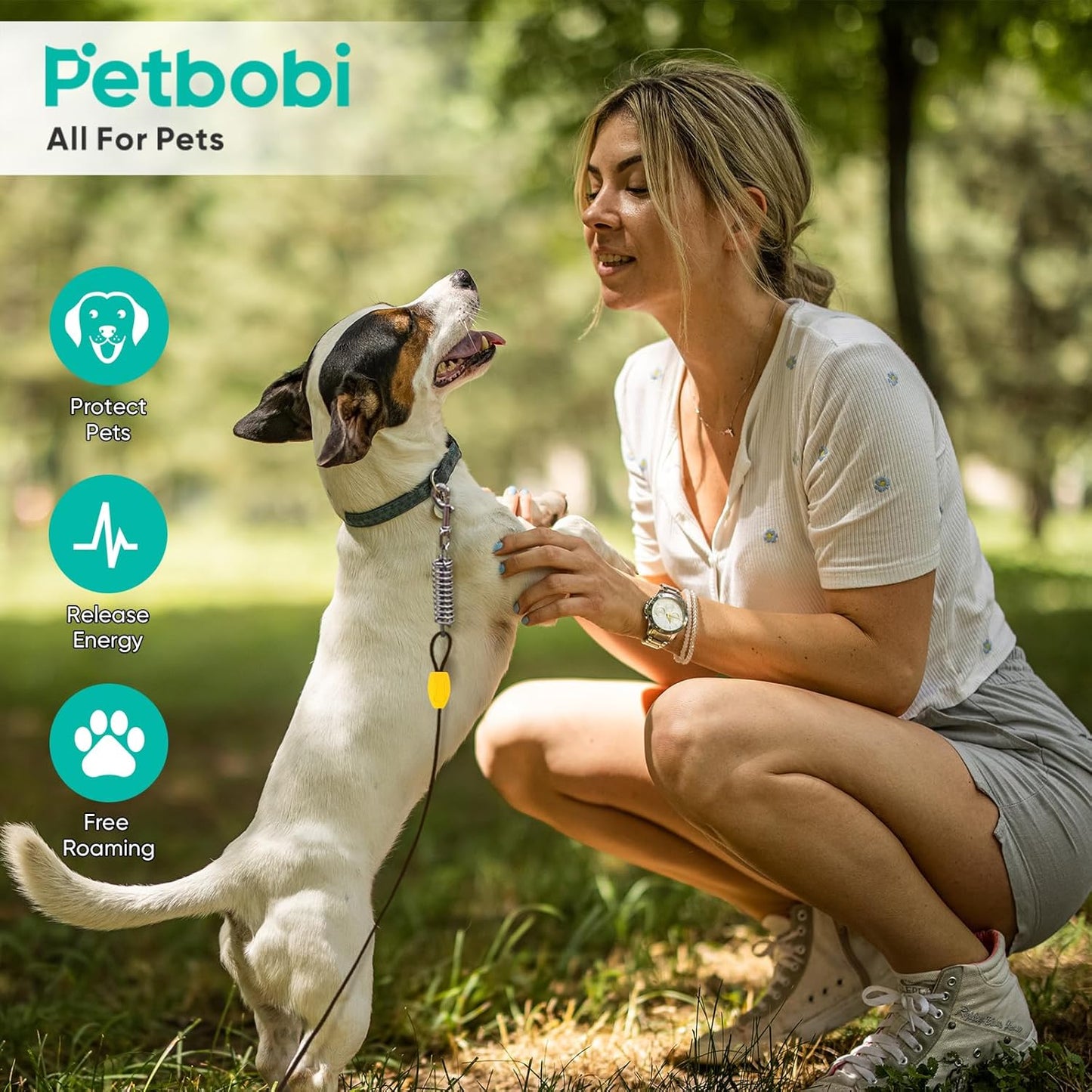 Petbobi Dog Tie-Out Cable and Stake - 30ft Heavy Duty Cable with Spring, No Tangle, 16in Ground Stake, Ideal for Yard, Camping and Beach, Suitable for Small Medium Large Dogs Up to 120 lbs, Blue