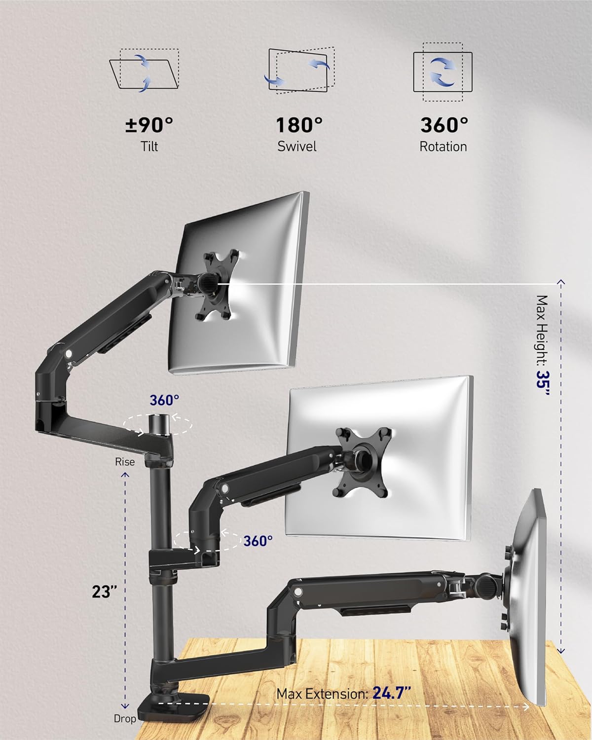 ErgoUnion Dual Monitor Stand for Desk, Vertical Dual Monitor Mount with Wide Range of Motion, Dual Monitor Arm for 17-40" Screen up to 25 lbs Each, Computer Monitor Stand for 2 Monitors - Black