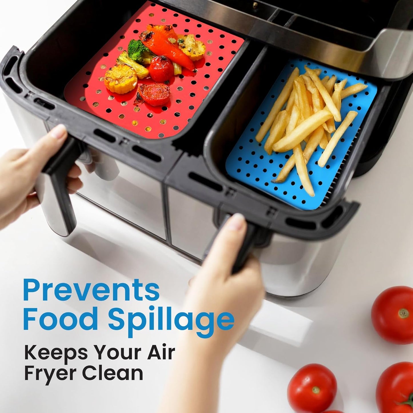 Collapsible Silicone Air Fryer Basket Liners Pot - AirFryer Liners Reusable Bowls for 5 Quart or Bigger - Air Fryer Accessories 2 Pack - Round Silicone Liners (Red & Black)