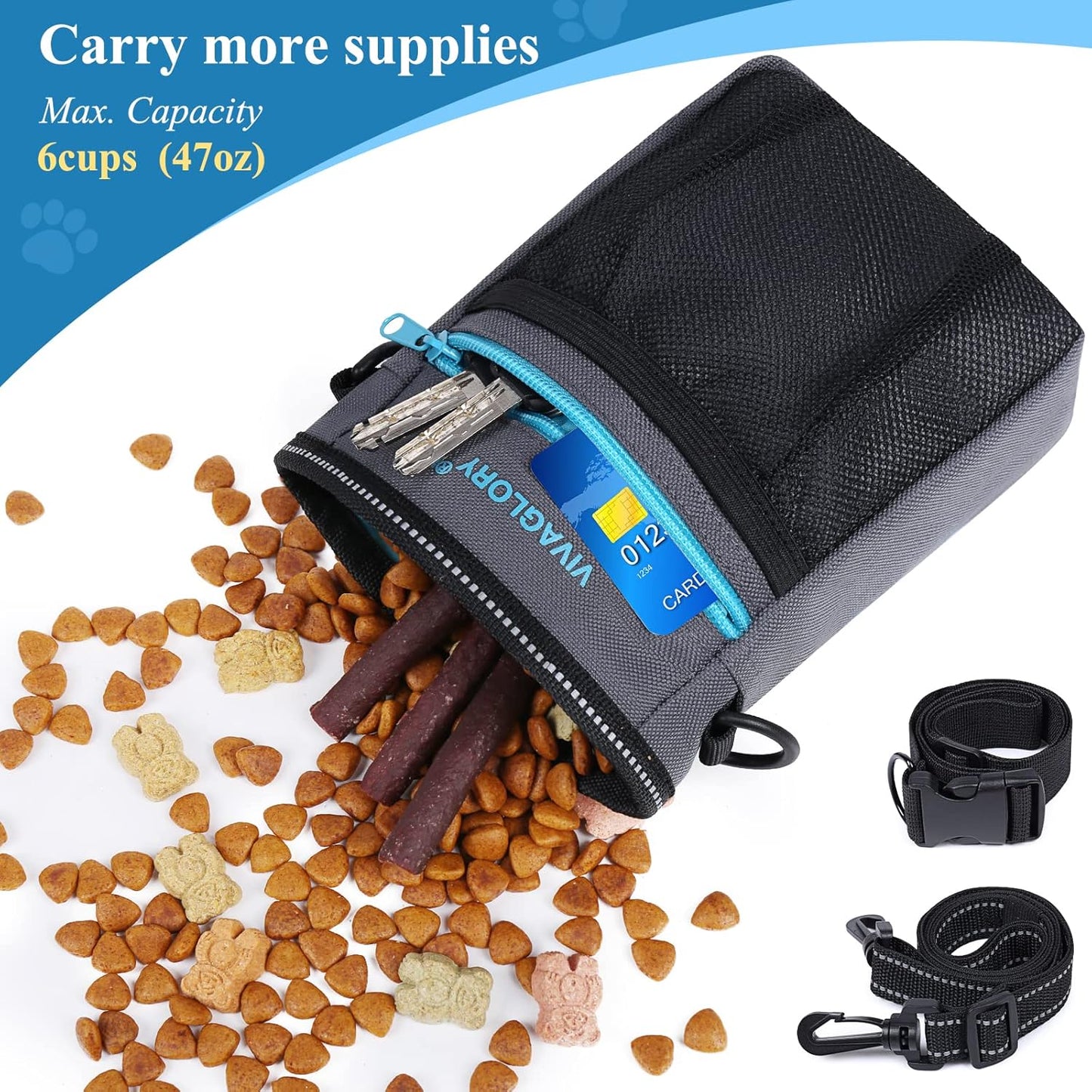 VIVAGLORY Dog Training Treat Pouch, 4Ways to Wear Dog Treat Bags, Built in Dog Waste Bag Dispenser Treats Training Bags with Reflective Adjustable Shoulder Strap, Black