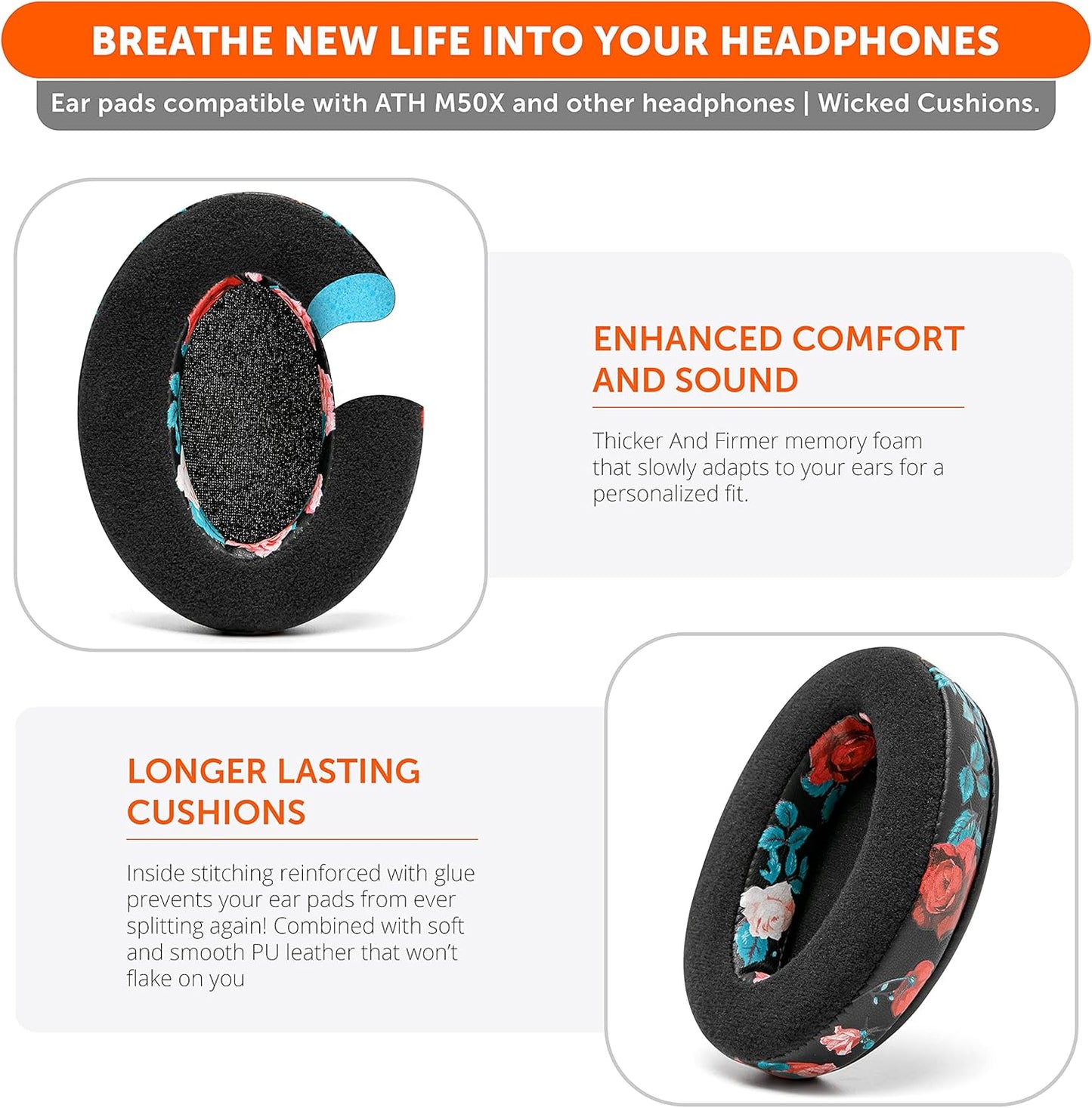 WC PadZ Velour - The Ultimate Upgraded Earpads by Wicked Cushions - Compatible With Audio Technica, HyperX, SteelSeries Arctis & More - Extra Thick - Bigger Opening - Softer Memory Foam | Black Floral