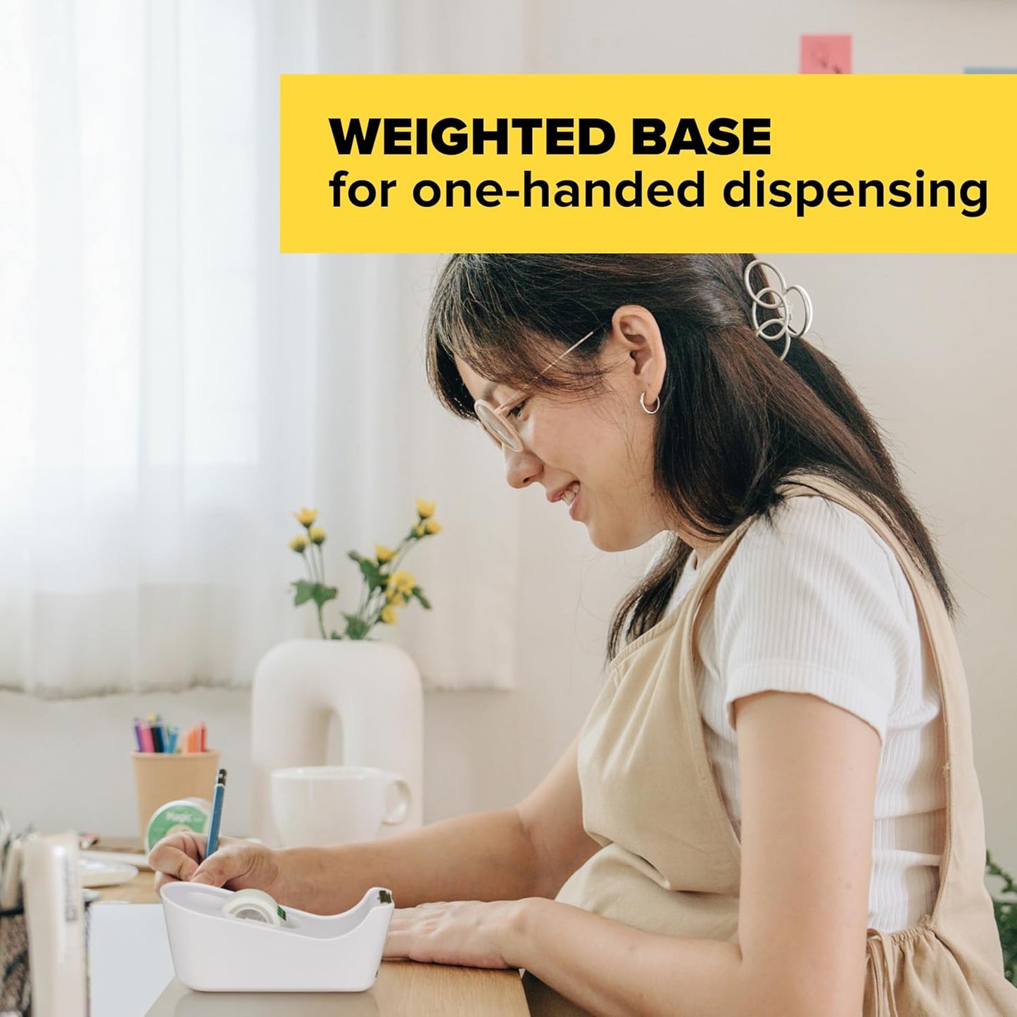 Manual Desktop Tape Dispenser with Refillable Roll, White Plastic Holder for 3/4 in x 350 in Tape, Weighted Base for One-Handed Use - PuriLite