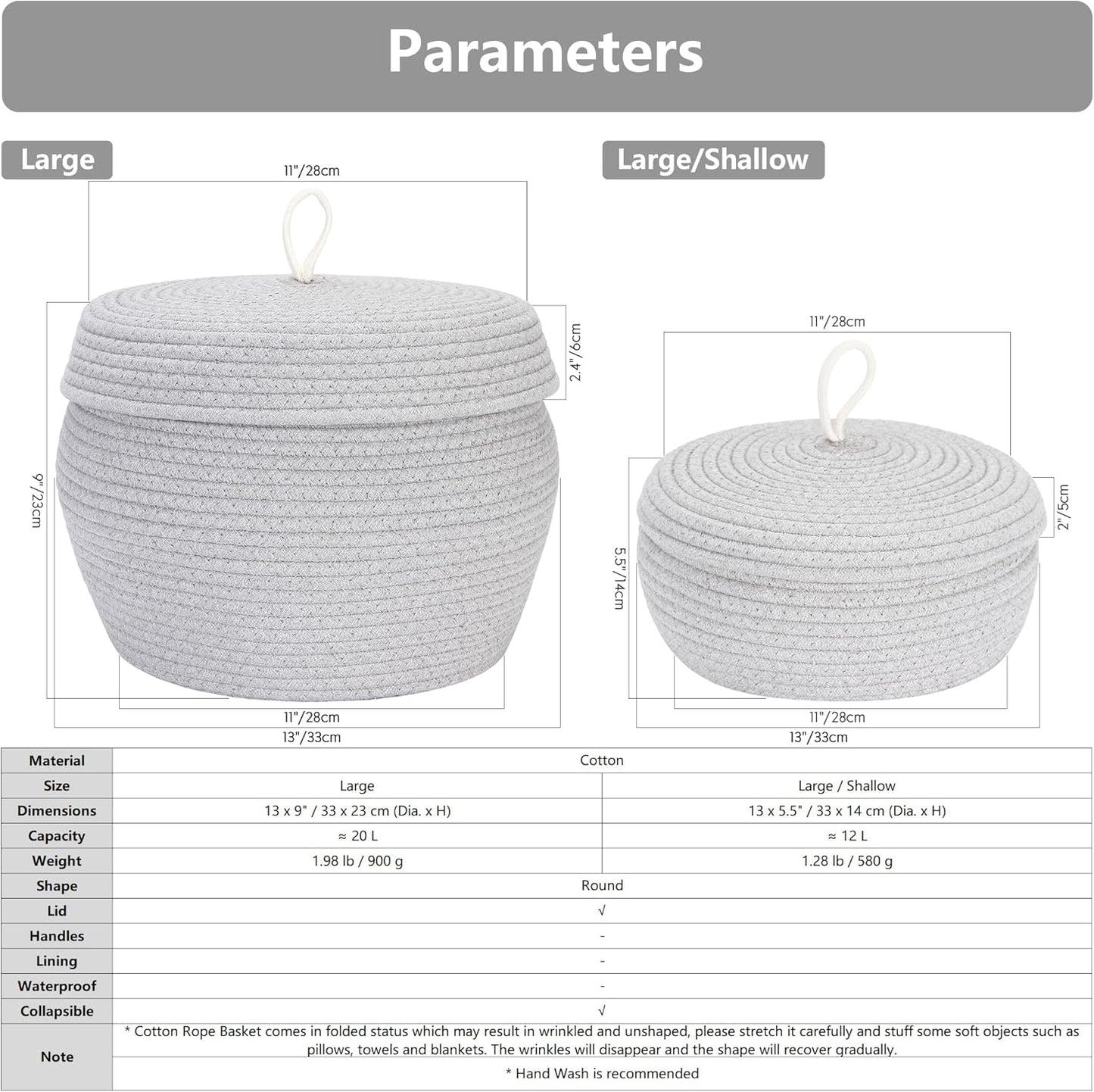 Sea Team Round Cotton Rope Storage Basket with Lid, Decorative Woven Storage Bin, Pot, Caddy, Organizer, Container for Snacks, Towels, Plants (Grey, Small)