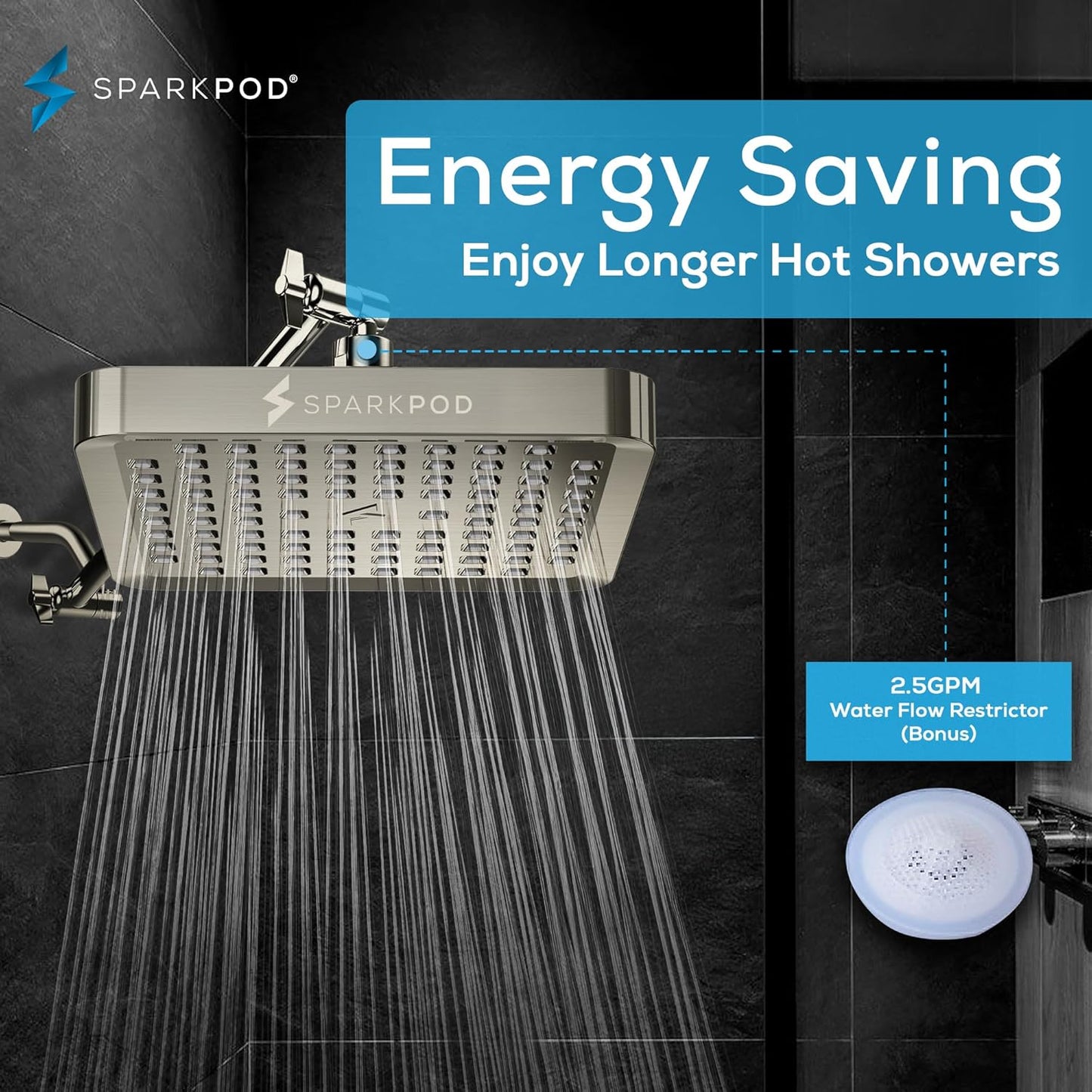 SparkPod Shower Head - High Pressure Rain - Premium Quality Luxury Design - 1-Min Install - Easy Clean Adjustable Replacement for Your Bathroom Shower Heads (Luxury Polished Chrome, 6 Inch Round)