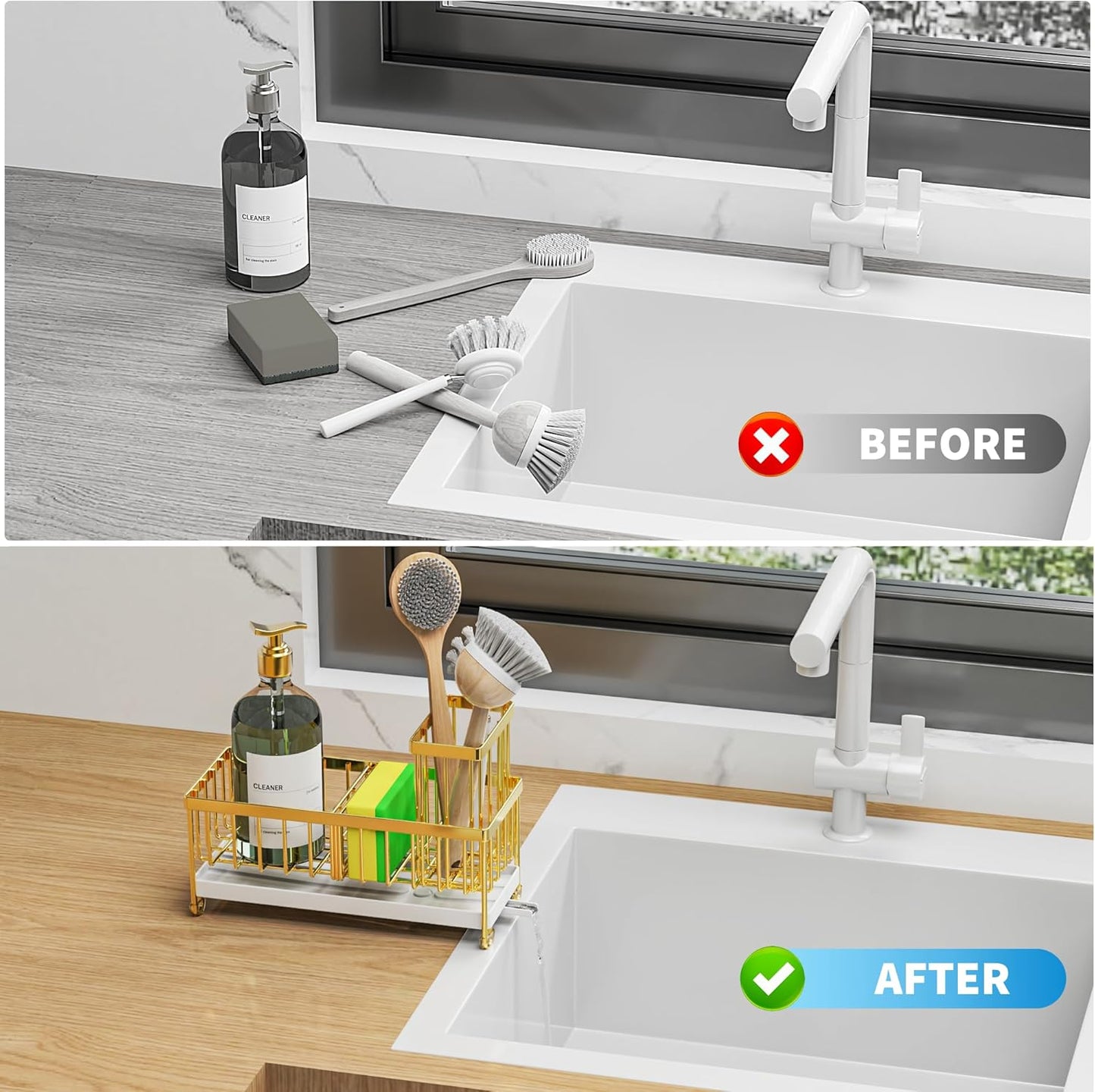 Cisily Sponge Holder for Kitchen Sink, Sink Caddy with High Brush Holder, Organzier Rustproof 304 Stainless Steel Dish Organizer Divider, Soap Dispenser Storage (Black)