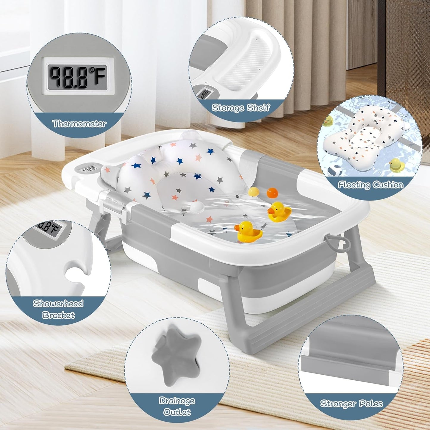 Collapsible Baby Bathtub,Baby Bath Tub with Thermometer & Soft Cushion,Baby Bathtub for Newborn to Toddler 0-36 Months,Portable Travel Baby Tub with No-Slip Feet,Baby Shower Gifts,Lavender