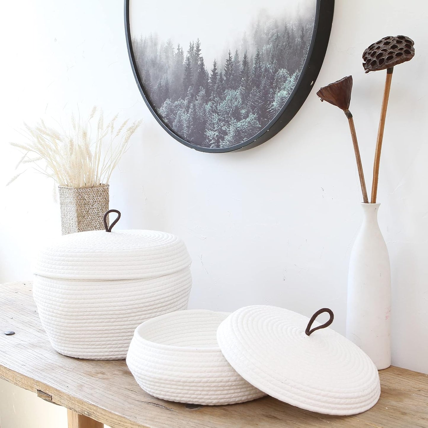 Sea Team Round Cotton Rope Storage Basket with Lid, Decorative Woven Storage Bin, Pot, Caddy, Organizer, Container for Snacks, Towels, Plants (Grey, Small)