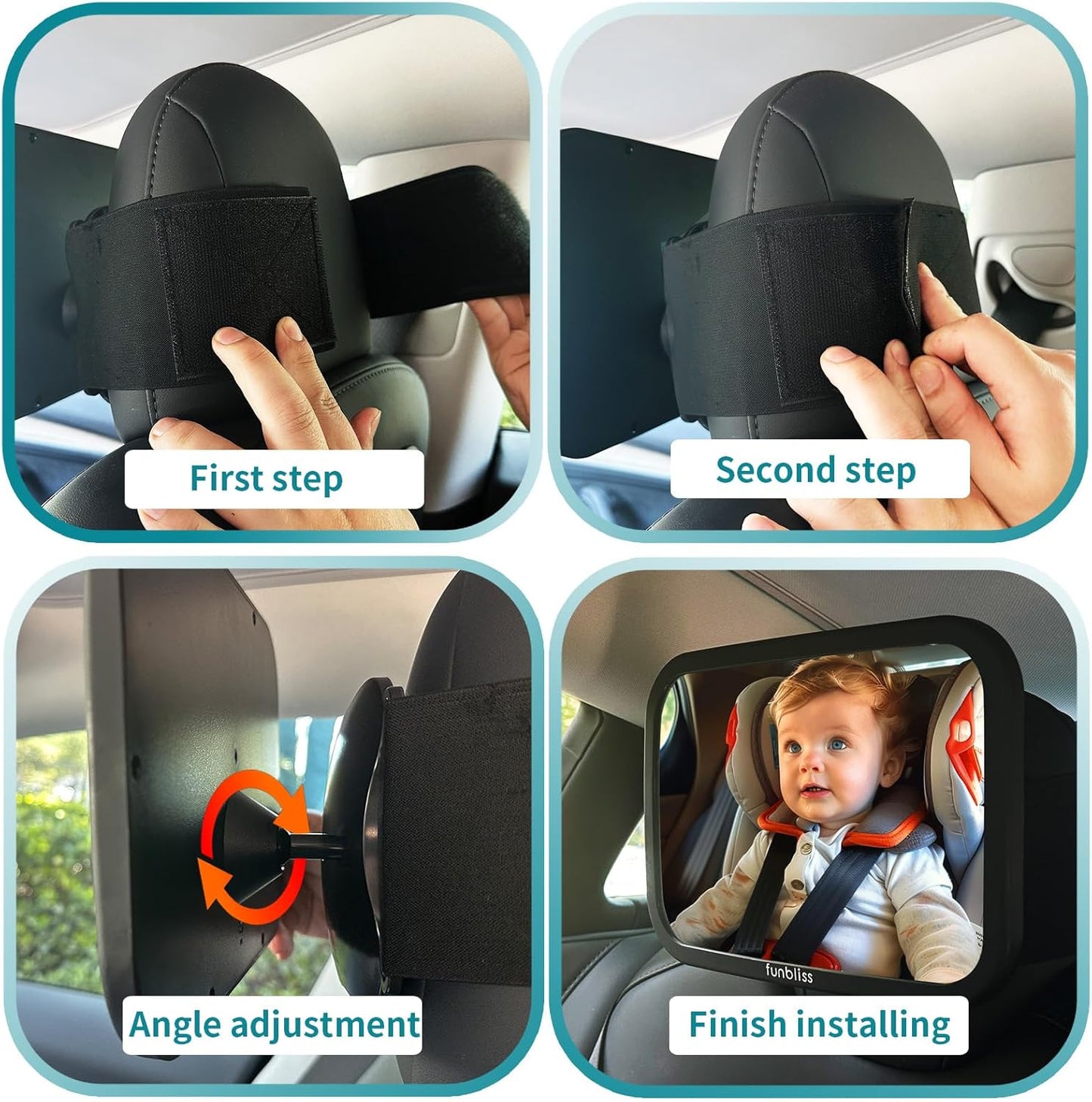 Funbliss Baby Car Mirror for Rear Facing Seat,360° Rotation, Safety CertifiedShatterproof Acrylic Glass, Clear Wide View,Infant Car Mirror for Car Seat Rear Facing,Baby Vehicle Mirror
