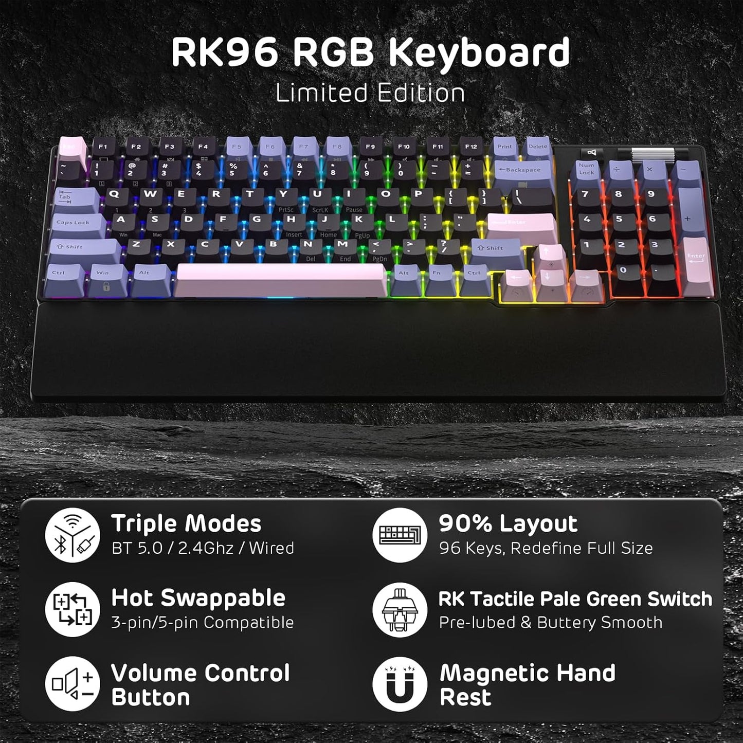 RK ROYAL KLUDGE RK96 RGB Limited Ed, 90% 96 Keys Wireless Triple Mode BT5.0/2.4G/USB-C Hot Swappable Mechanical Keyboard w/Wrist Rest, Software Support, Linear Viridian Switches, MARRS Green