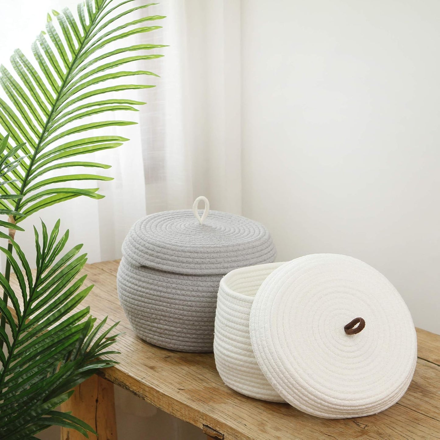 Sea Team Round Cotton Rope Storage Basket with Lid, Decorative Woven Storage Bin, Pot, Caddy, Organizer, Container for Snacks, Towels, Plants (Grey, Small)