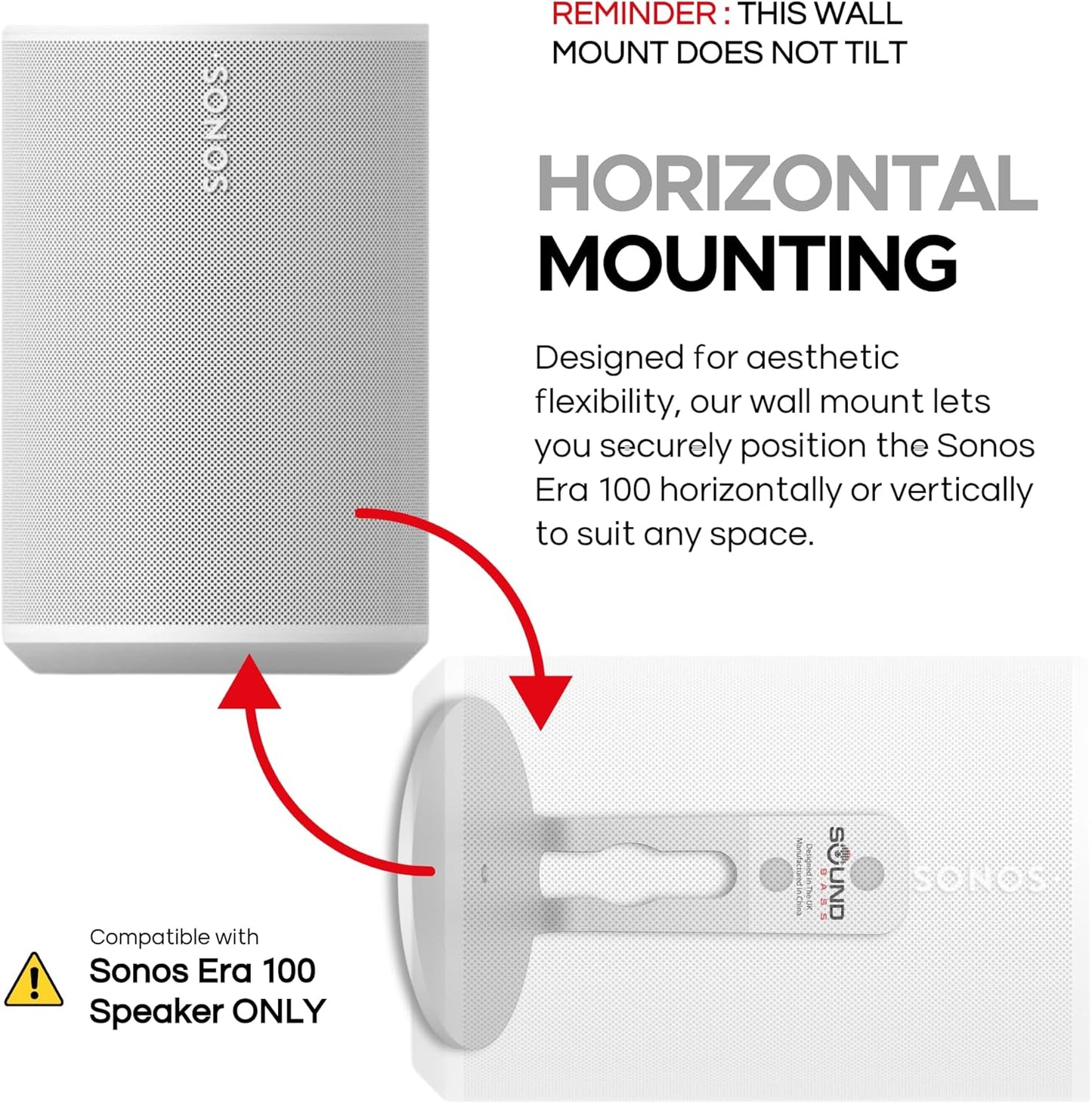 ERA100 Wall Mount Bracket, Low Profile, White, Single Unit, Compatible with Sonos ERA 100 Speaker, Complete with All Fixing Hardware