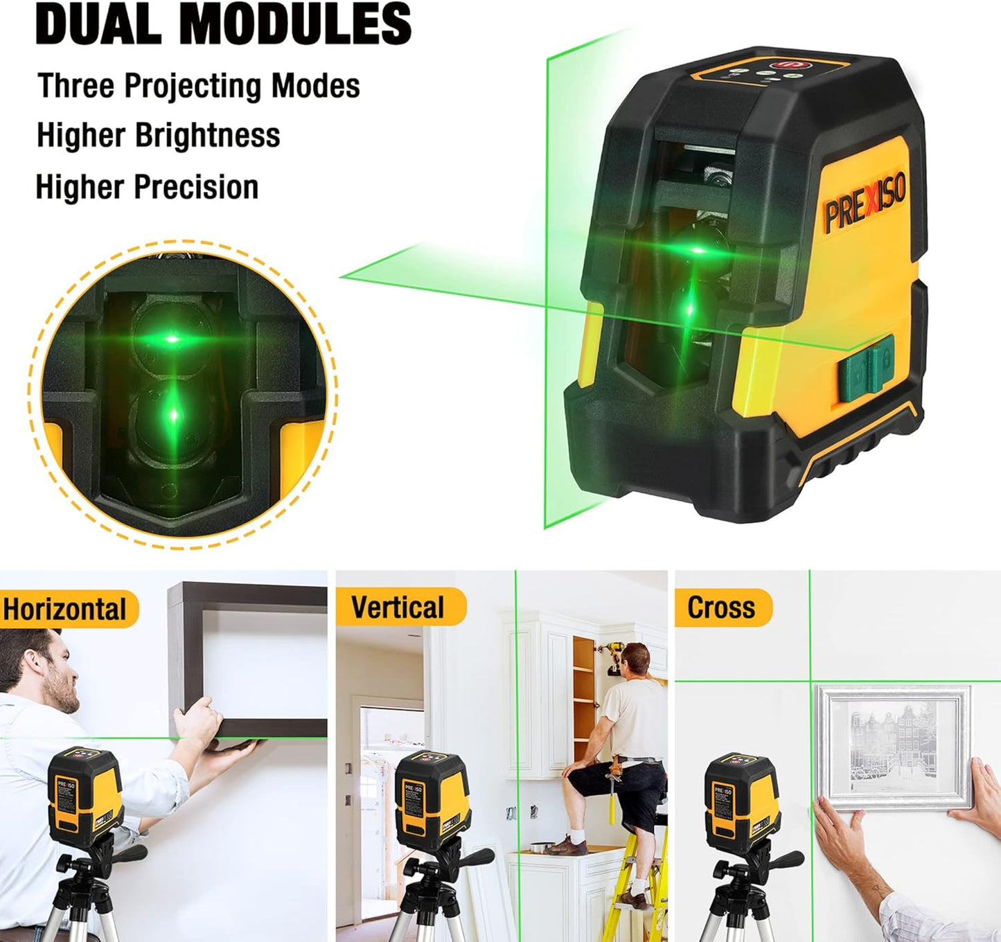 PREXISO Laser Level Self Leveling, 100 Ft Rechargeable & Selectable Green Cross Line Laser Level for Construction, Floor Tile, Home Renovation with Magnetic Pivoting Base, Target Plate & Portable Bag