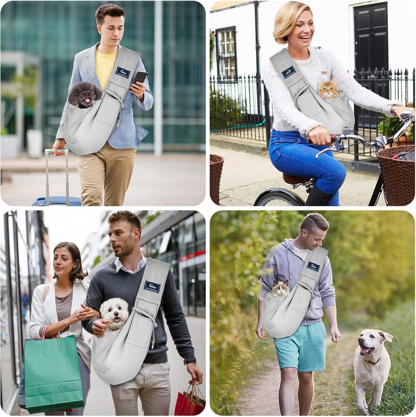 Cuby Adjustable Dog Cat Sling Padded Hard Bottom Pet Carrier Sling Soft Carrying Puppy Bag for Small Dogs Cats Outdoor Travel (Grayish-White)