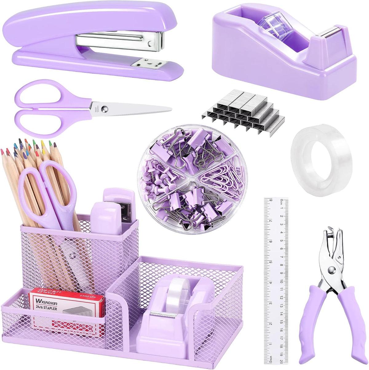 Purple Office Desk Accessories, 9 Pcs Desk Organizers and Accessories with Mesh Pen Holder, Stapler, Tape Dispenser, Hole Punch, Office Supplies Set for Office Home School Women Students Gift