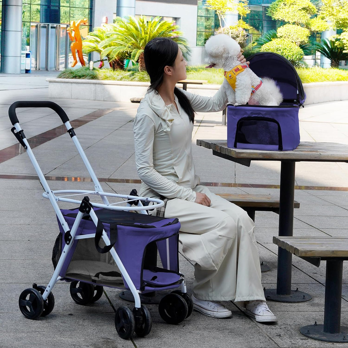 Dog Stroller Pet Stroller for Small Medium Dogs & Cats, 4-Wheel Cat Stroller, Foldable Dog Stroller with Suspension System/Link Brake, Max.44 LBS