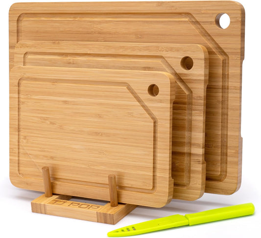 Bamboo Cutting Board for Kitchen, Bamboo Cutting Board Set of 3 with Juice Groove, Double-Sided Chopping Board Serving Board with Hanging Hole for Meat, Vegetables and Cheese