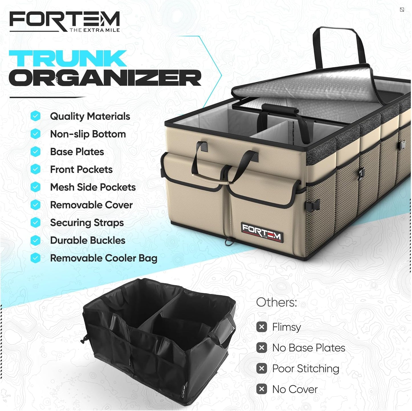 FORTEM Car Trunk Organizer, Collapsible Multi Compartment Car Organizer, Foldable SUV Storage for Car Accessories for Women Men, Non Slip Bottom, Securing Straps, Soft Cover 50L (Black, Standard)