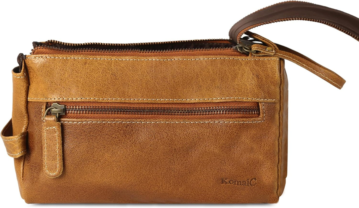Premium Buffalo Leather Unisex Toiletry Bag Travel Dopp Kit Shaving kit (Distressed Tan)