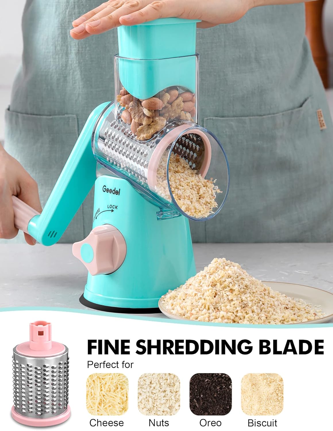 Geedel Kitchen Cheese Grater, Rotary Mandoline Vegetable Slicer with Interchangeable Blades, Easy to Use Rotary Grater Slicer for Fruit, Vegetables, Nuts
