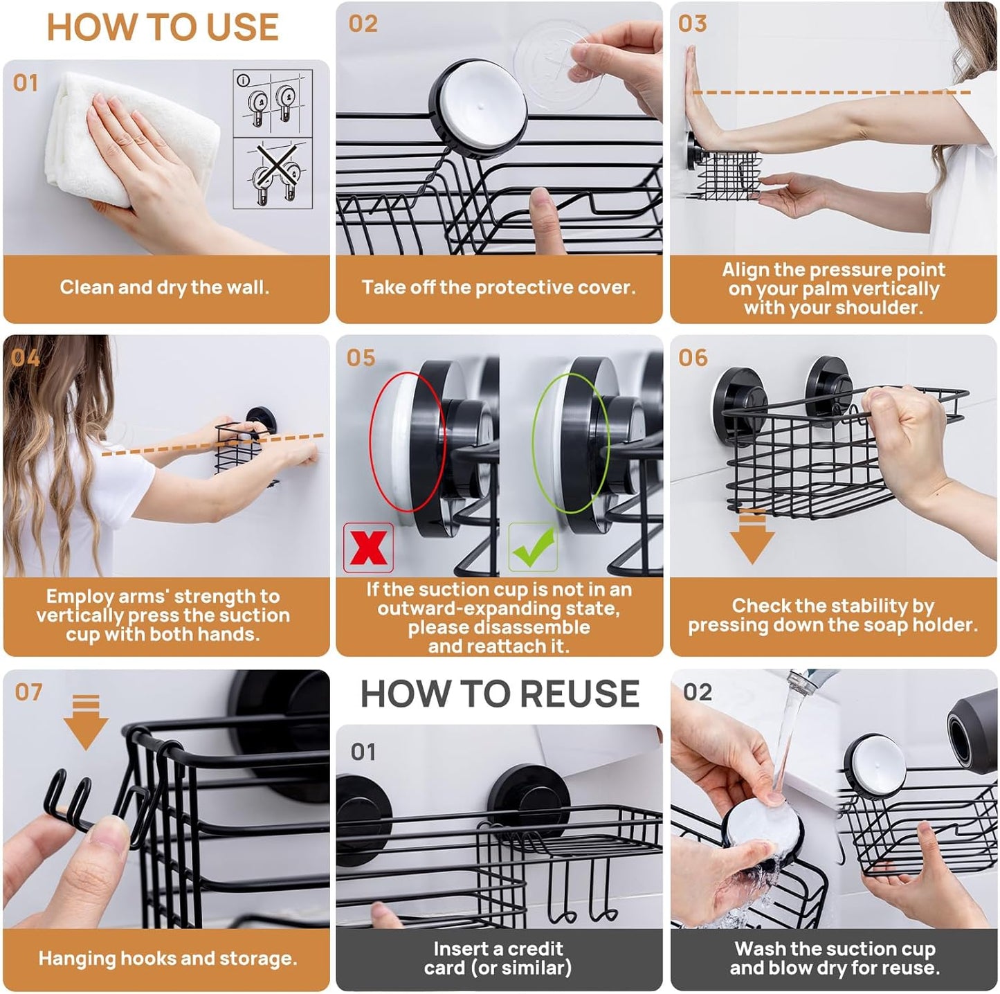 LEVERLOC Shower Caddy Suction Cup, 2 Pack Black Shower Shelf with Hooks and Soap Holder, NO-Drilling Bathroom Organizer, Rustproof Metal Bathroom Storage and Organization