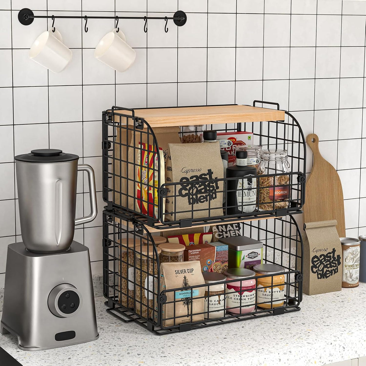 Joben Oligey 2-Set Stackable Wire Basket with Openable Bamboo Top – Kitchen, Pantry & Cabinet Organizer for Fruits, Vegetables, Snacks, Bread, and Household Storage, Black - PuriLite