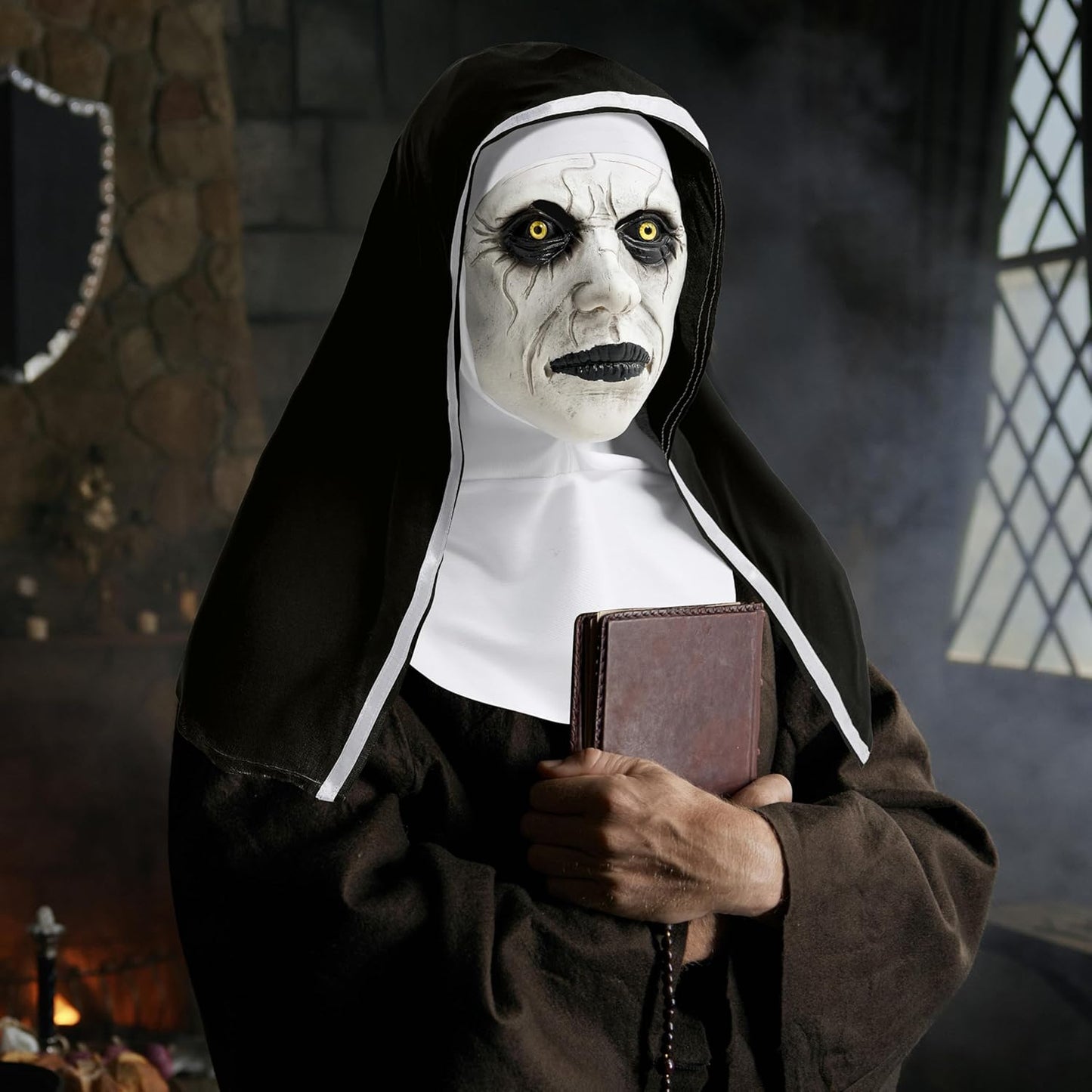Spooktacular Creations Halloween Scary Nun Mask with Black White Hood, Creepy Full Head Latex Mask for Adult Women Men Halloween Horror Cosplay Costume Accessories, Realistic Party Dress Up Prop