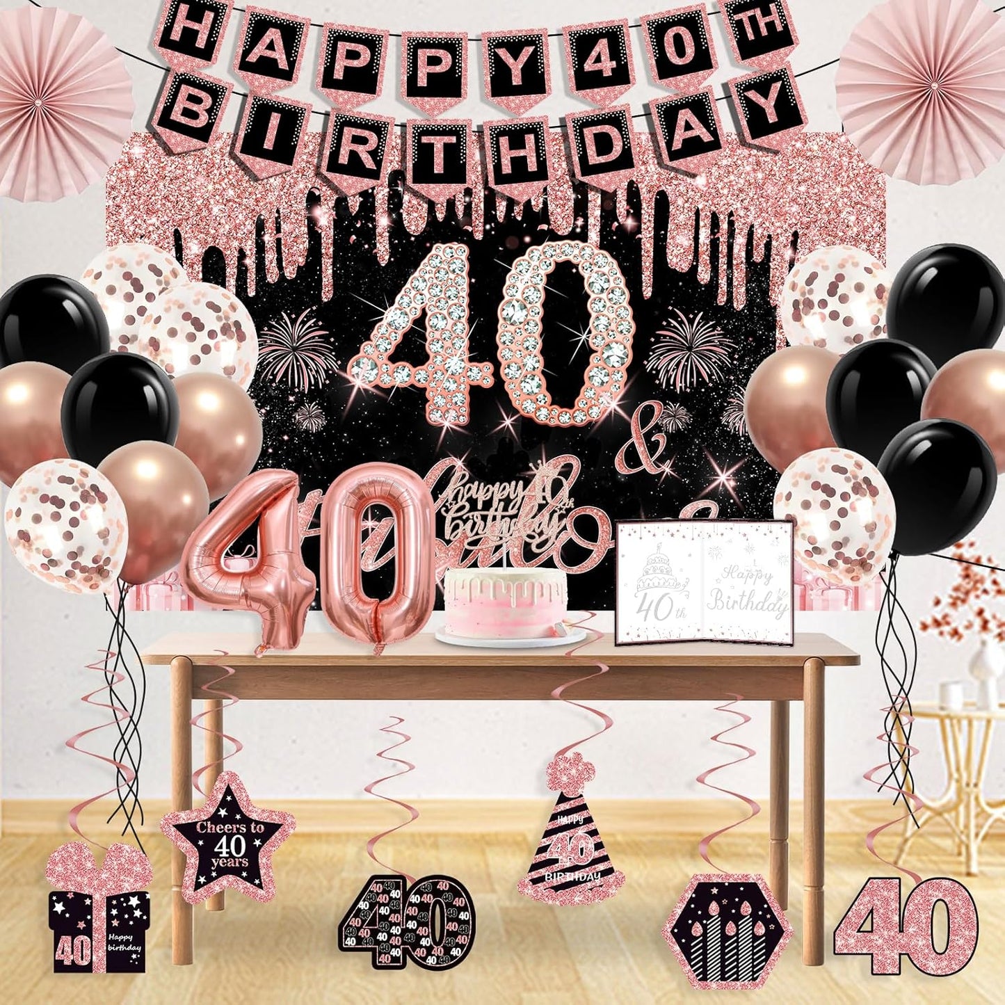 40th Birthday Decorations for Women,32pcs 40th Birthday Party Decorations,Including Backdrop, Crown,Sash,banner, Hanging Swirl,Cake Topper,balloons,Paper Fans,Anniversary Card and paper fans