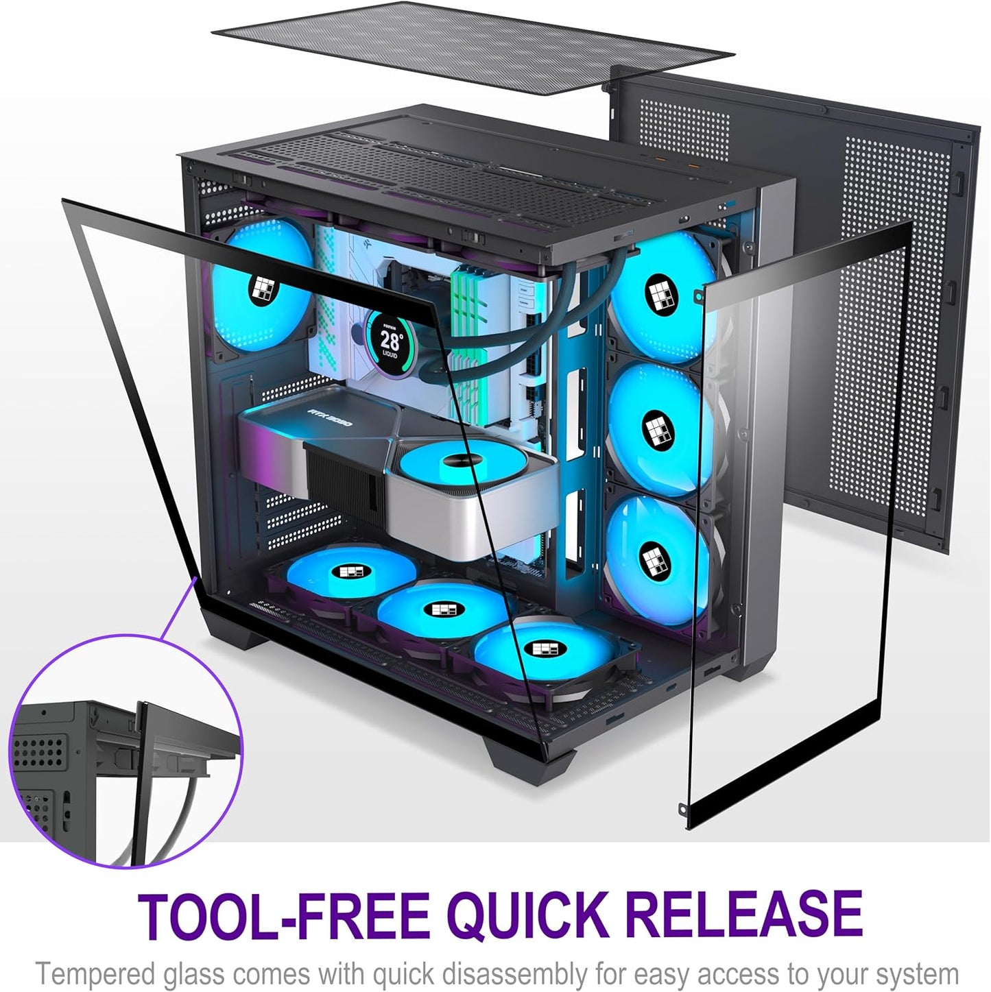 FOIFKIN F600 PC Case - Pre-Installed 7 PWM ARGB Fan, ATX Mid-Tower Gaming PC Case, 270° Panoramic Glass with Type-C, FOIFKIN (Black, F600)