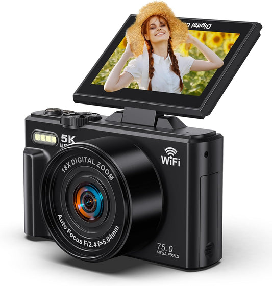 5K Digital Camera for Photography - WiFi 75MP UHD Vlogging Camera for YouTube - Autofocus Video Cameras with 3" 180° Flip Screen - Compact Vlog Travel Camara with 18X Zoom, 32GB SD Card, 2 Batteries