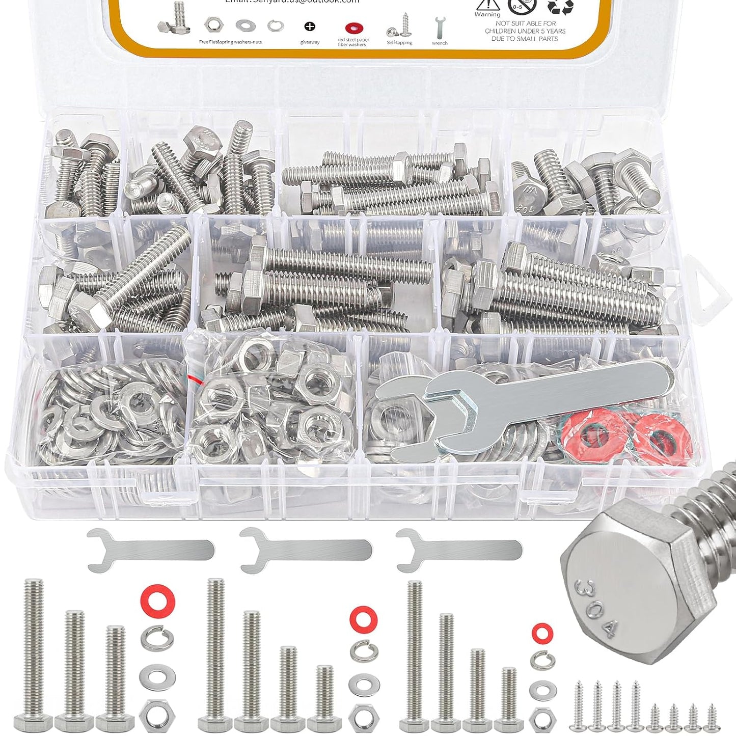 780pcs Hex Bolts and Nuts kit, 304 Stainless Steel M6 M5 M4 M3 Metric Bolt Assortment (Lock & Flat Washers), Stainless Steel Bolts and Nuts kit, Metric Screw Assortment