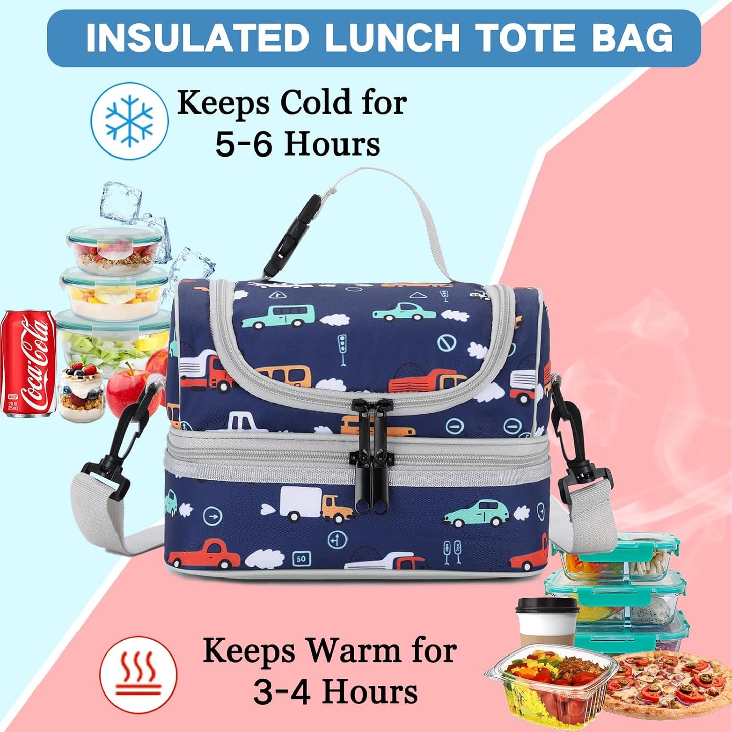 VASCHY Lunch Box Bag Men, Insulated Two Compartments Bento Cooler Bags for Adults/Women/Kids for School,Daycare,Kindergarten,Picnic Black