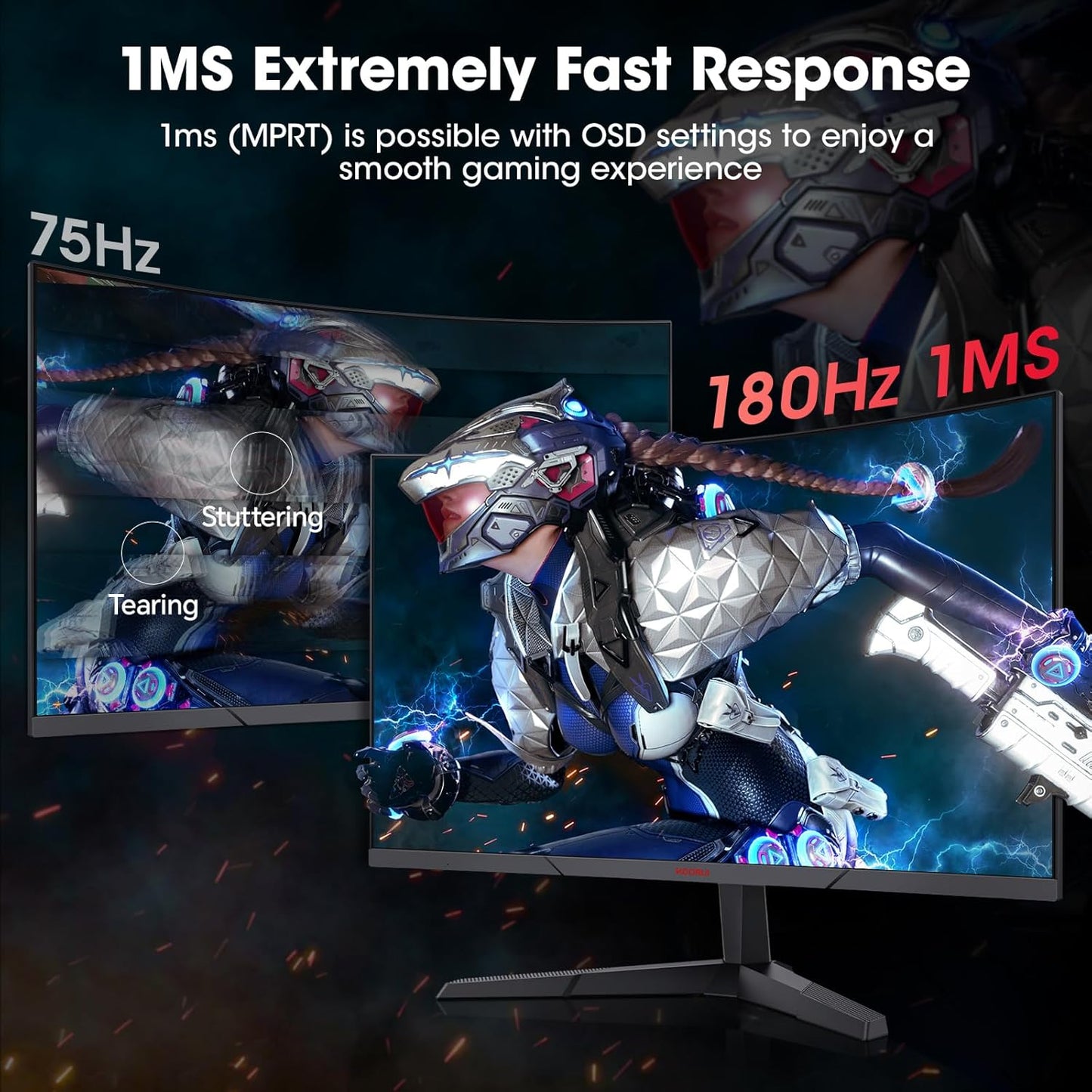 KOORUI 24 Inch Gaming Monitor - FHD 1080P Curved Monitors 180Hz VA, Built-in Adaptive Sync with 1ms, 1500R with Ultra-Thin, HDMI X2 / DP, VESA Compatible, Tilt Adjustable, Eye Care 24E6CA
