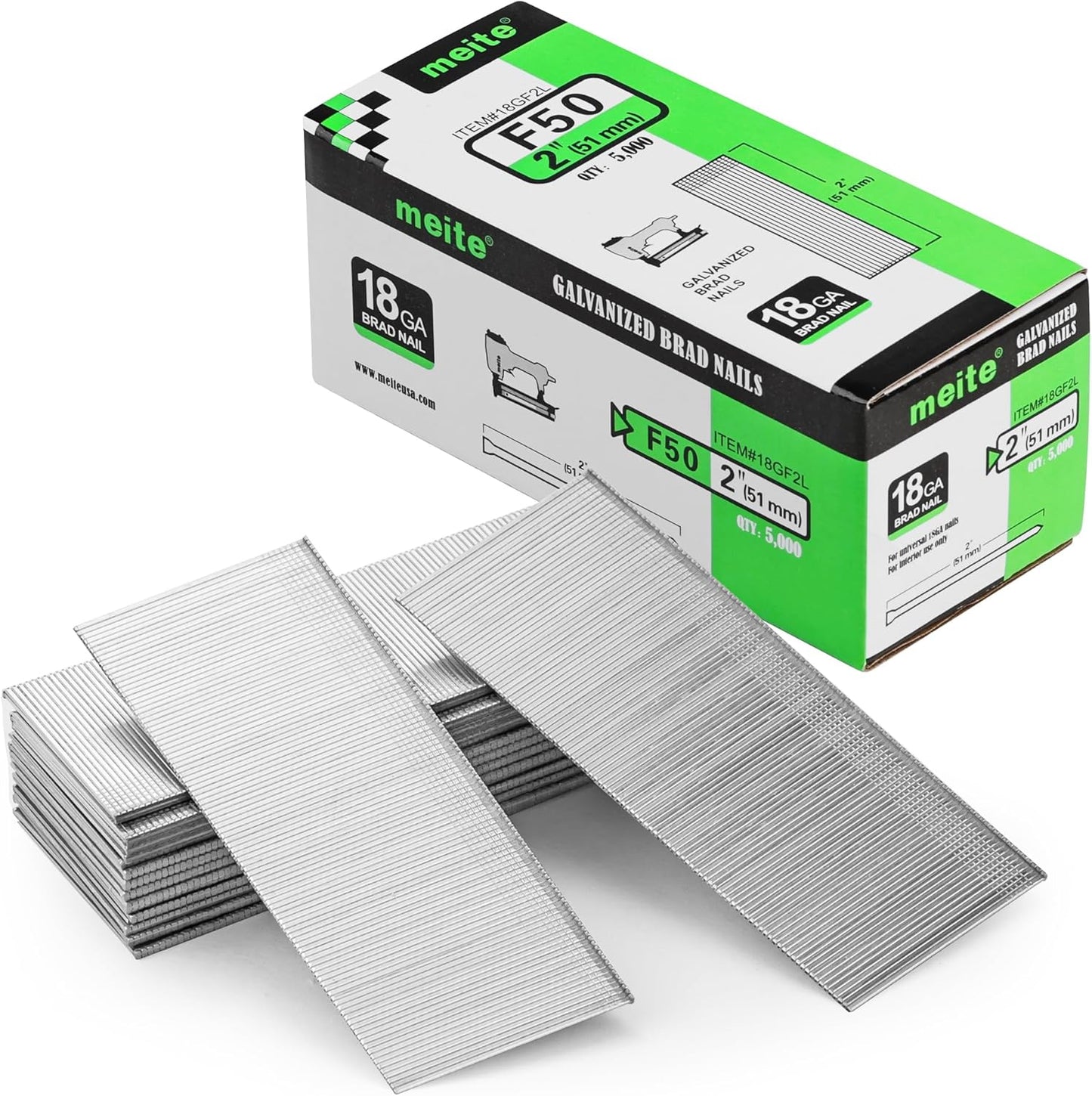 meite F50 18 Gauge 2-Inch Leg Length Galvanized Brad Nail Ideal for Upholstery, Trims, Molding, Woodworking 5000pcs/Box (1 Box)