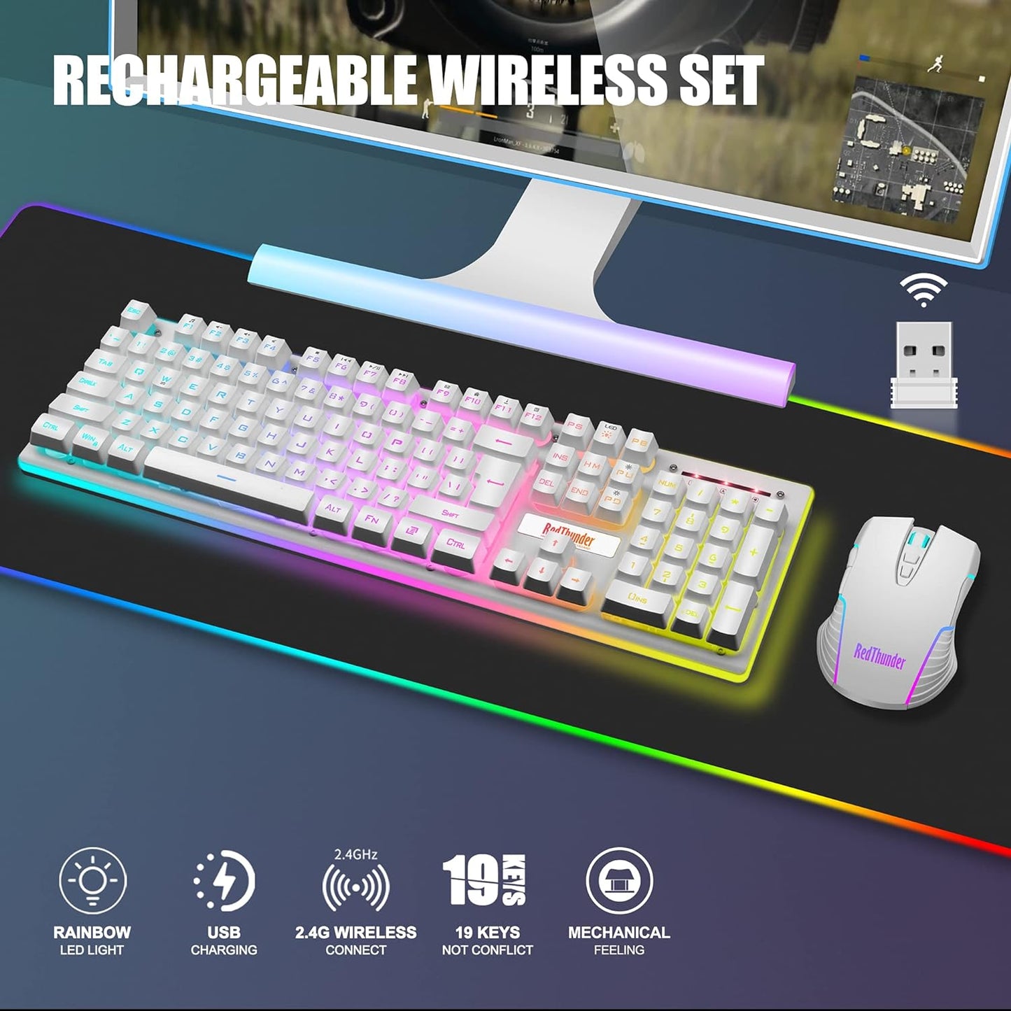 RedThunder K10 Wireless Gaming Keyboard and Mouse Combo, LED Backlit Rechargeable 3800mAh Battery, Mechanical Feel Anti-ghosting Keyboard + 7D 3200DPI Mice for PC Gamer (Black)