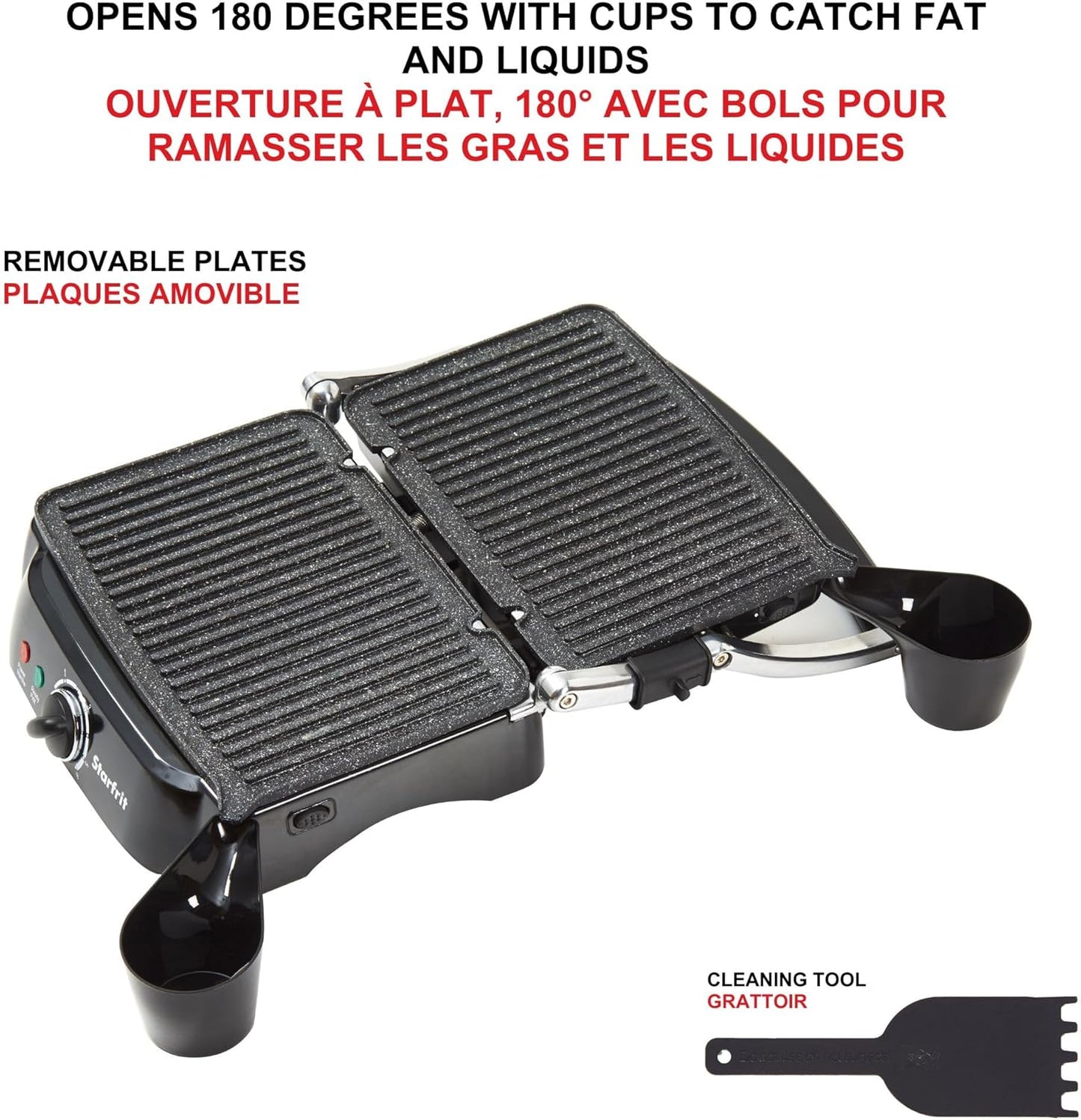 Starfrit The Rock Panini Press - Rock.Tec Non-Stick Reversible Plate - Opens 180 Degrees - Adjustable Temperate Control