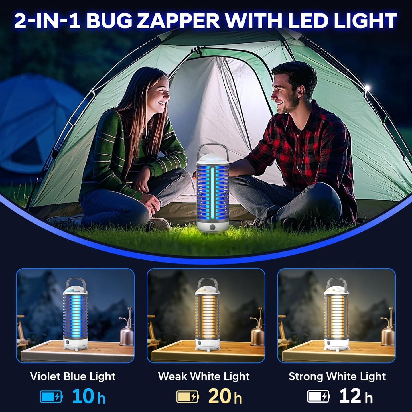 Bug Zapper Outdoor, Rechargeable Mosquito Zapper Indoor with LED Light, Portable IP66 Waterproof 3600mAh Electric Fly Zapper with Hook for Home, Garden, Patio, Backyard - Black