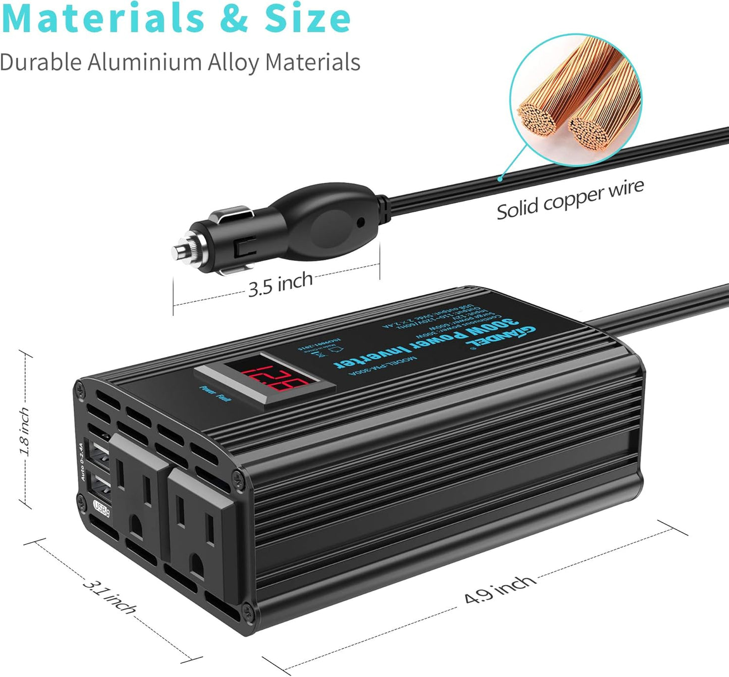 300W Power Inverter DC 12V to AC 120V Car Power Converter Adapter with 2x2.4A USB Ports and LED Display Dual AC Outlets【3YRS Warranty】 Black