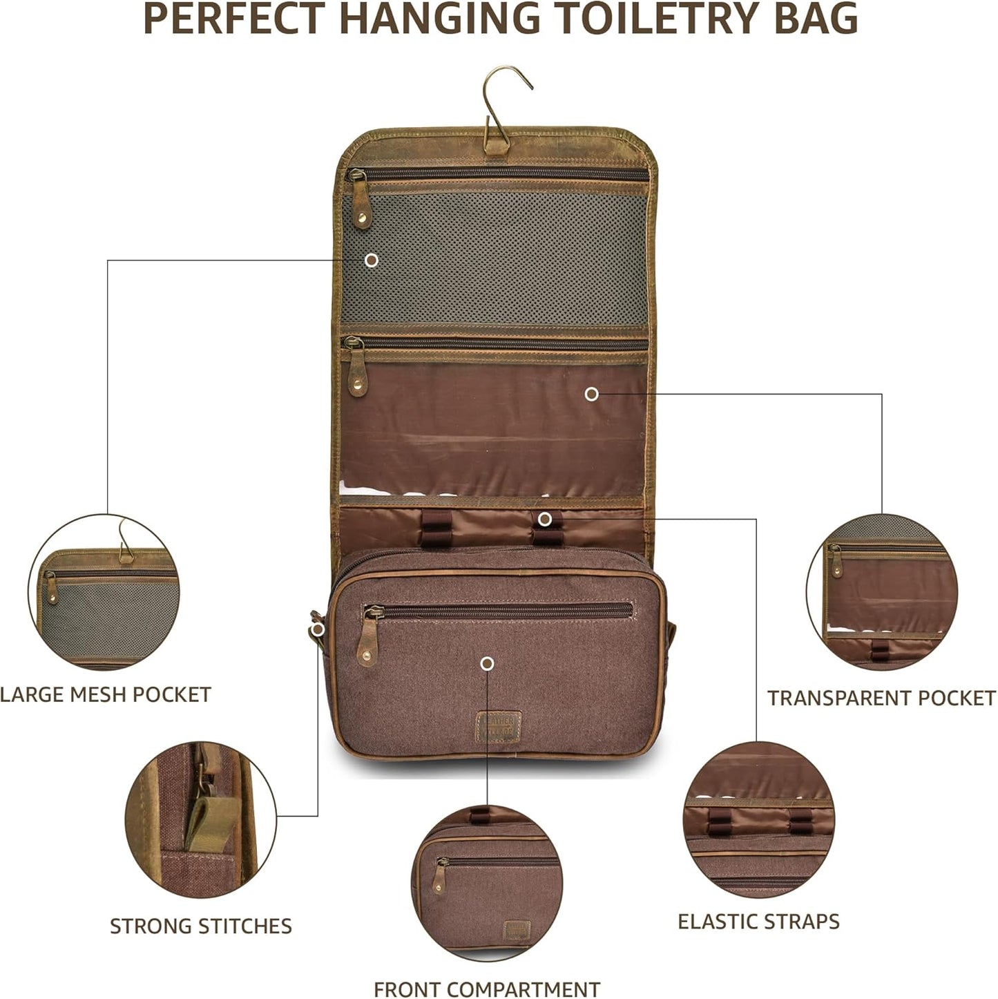 LEATHER VILLAGE Hanging Toiletry Bag for Men & Women, Handcrafted Vintage Cosmetic & Shaving Organizer Travel Dopp Kit- Brown